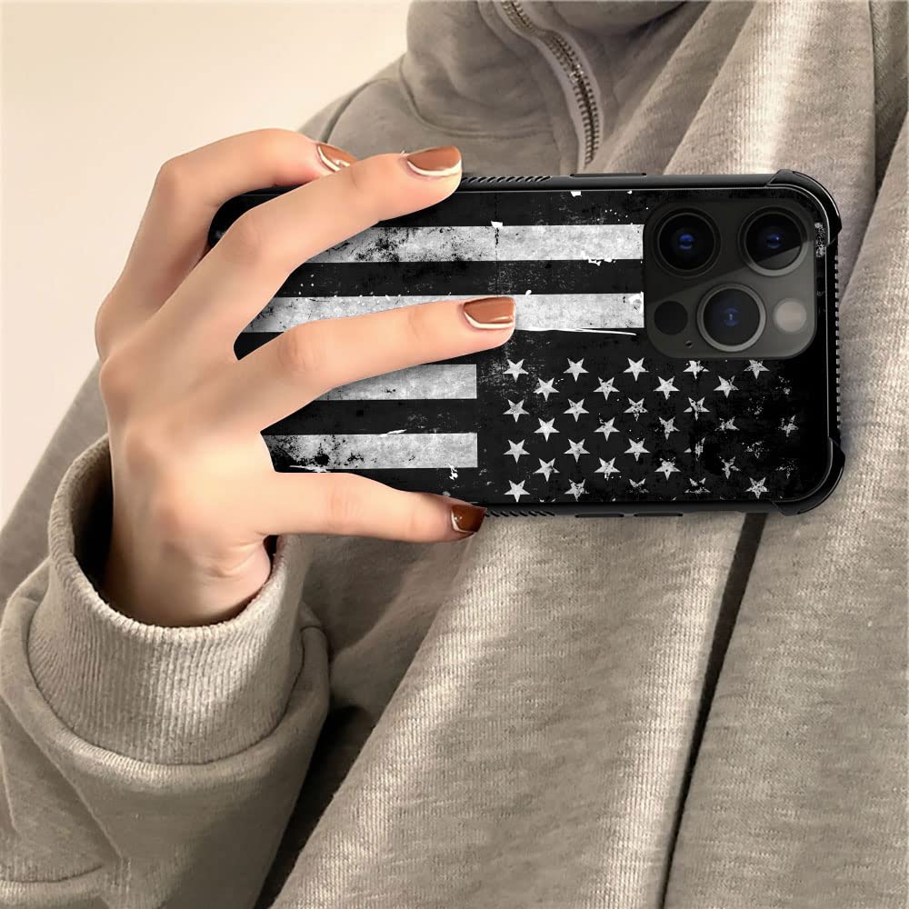 ZHEGAILIAN iPhone 14 Pro Max Case Tempered Glass TPU Shock Protective Black White Grunge American Flag 6.7-inch