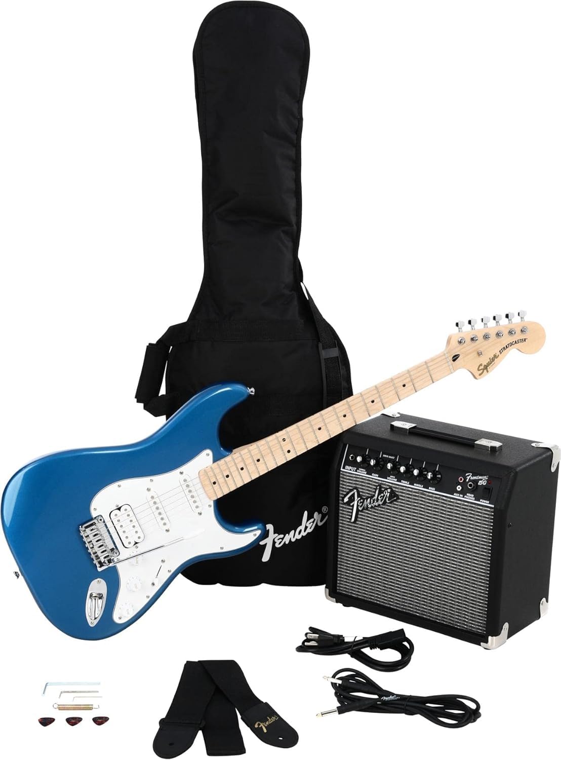 Fender Squier Affinity Series Stratocaster Electric Guitar Kit, with 2-Year Warranty, Lake Placid Blue, Maple Fingerboard with F