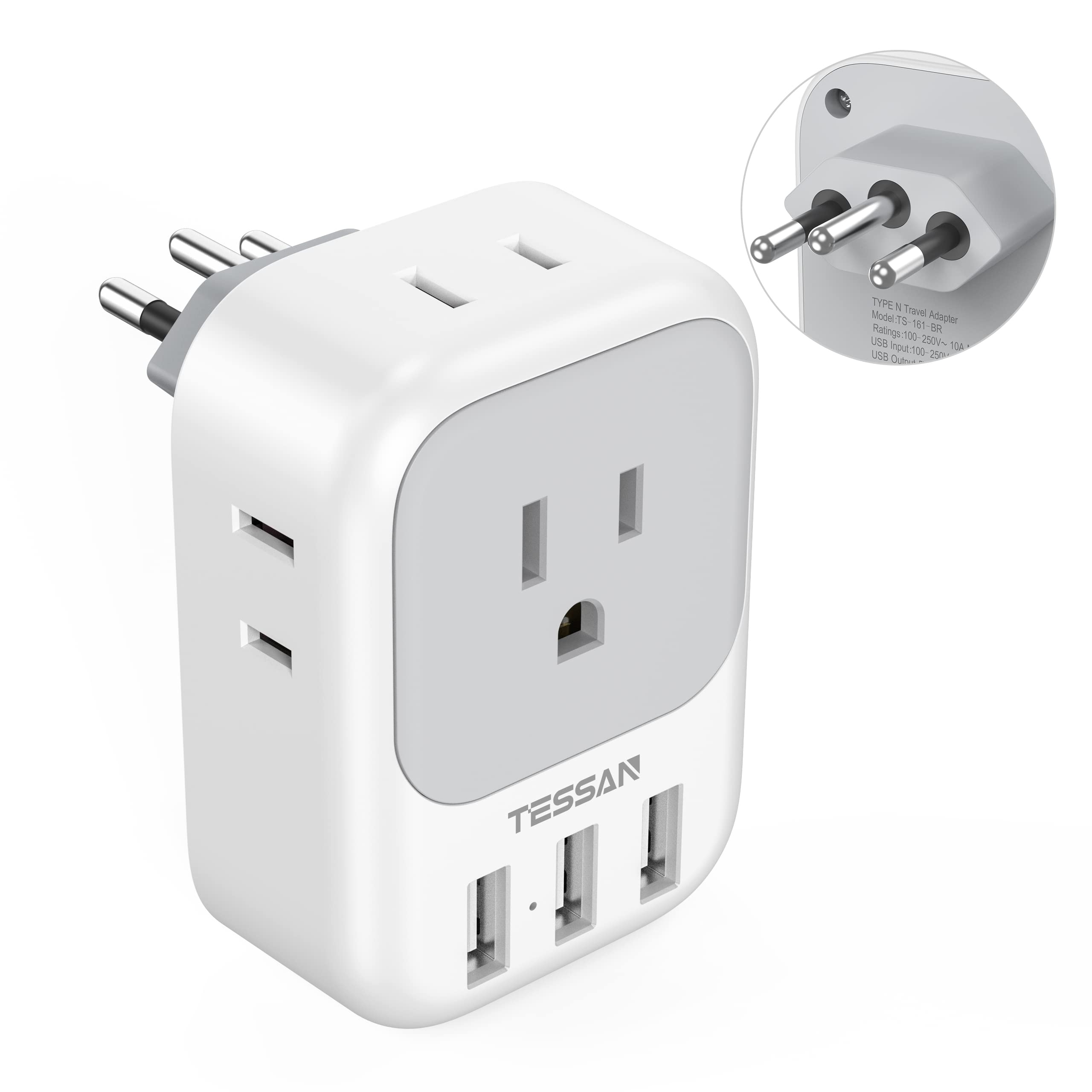 Tessan Brazil Plug Adapter, Us To Brazil Power Adapter With 4 American Outlets And 3 Usb Charging Ports, Type N Travel Adaptor F