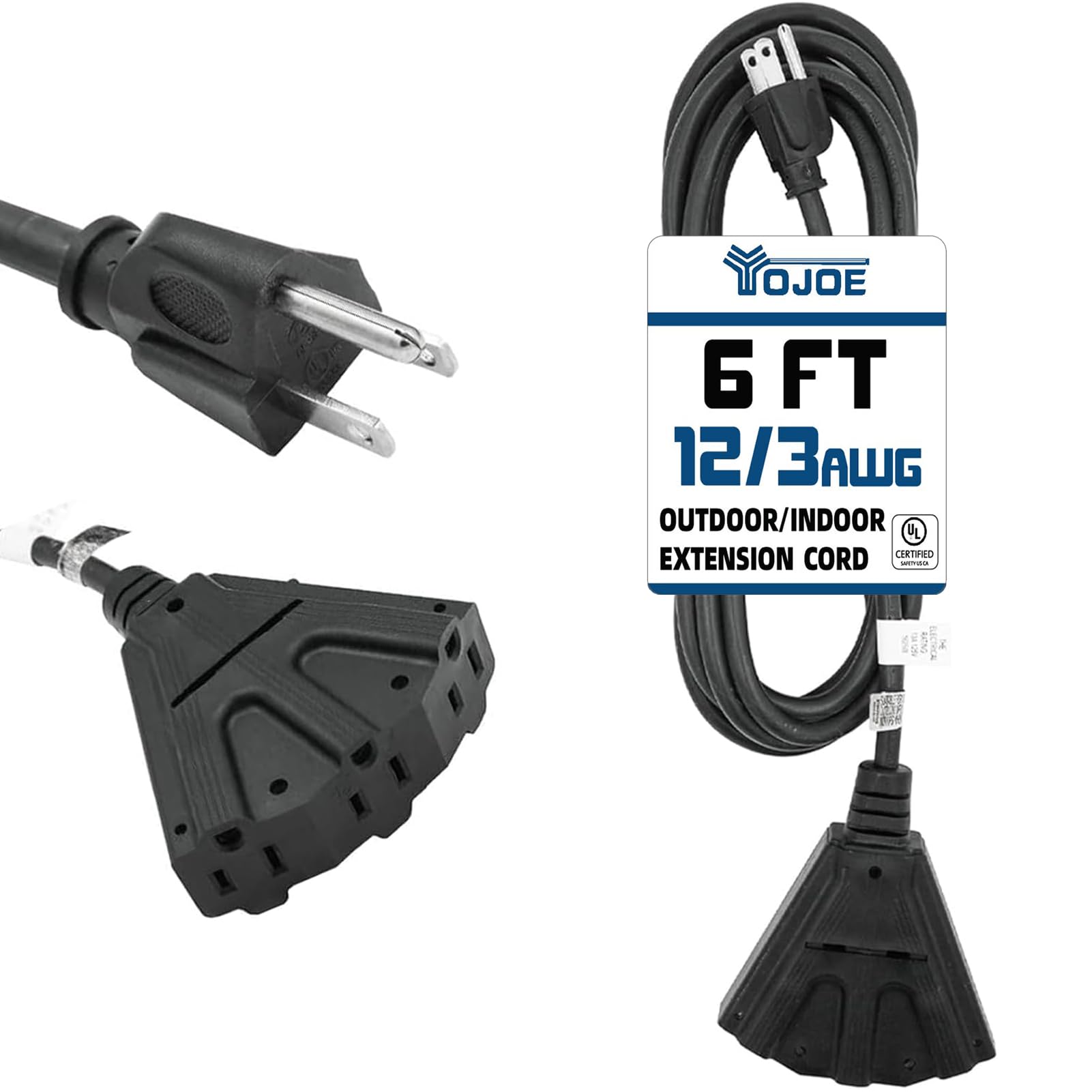 Yojoe 3 Outlets Indoor Outdoor Extension Cord, 3 Prong 15A Weatherproof Power Cord Multiple Outlets, 12 Gauge Heavy Duty 6 Ft Bl