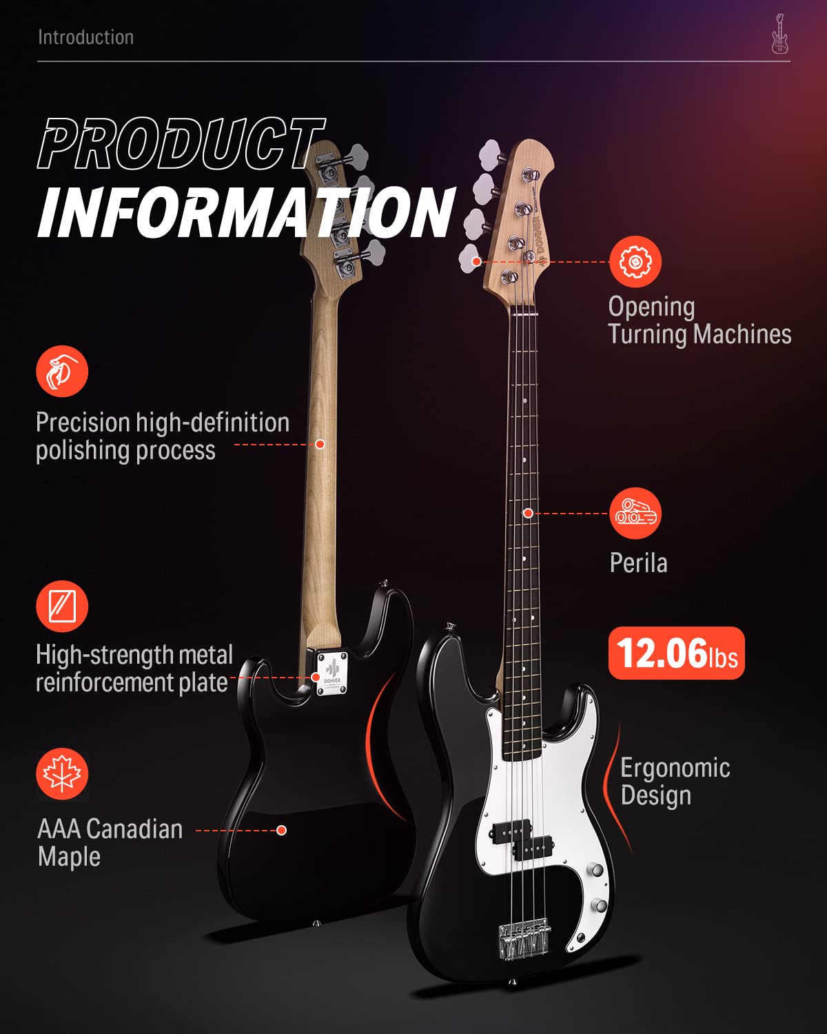 Donner Electric Bass Guitar 4 Strings Full Size Standard Bass Pb Style Beginner Kit Black For Starter With Free Online Lesson Gi