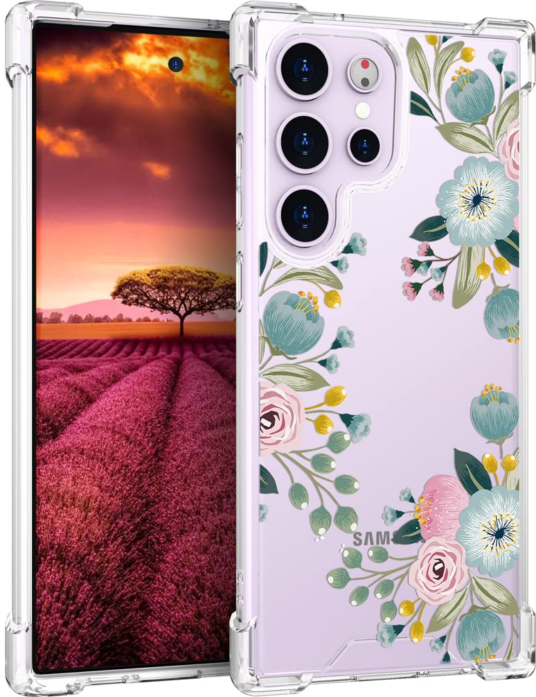Topgraph Case Cute Flower Floral Clear For Women Girly Designer Girls For Galaxy S23 Ultra, Transparent Phone Case Flower Design
