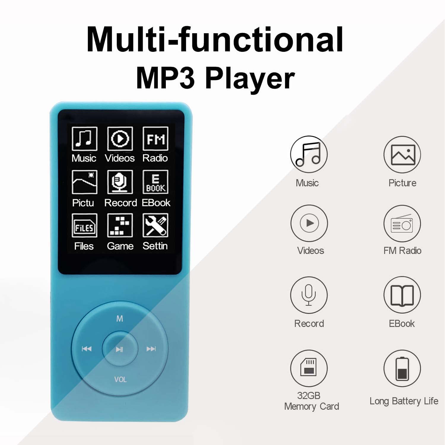 64Gb Mp3 Player, Portable Music Player For Kids With Earphone Speaker, Support Photo/Video Play/Voice Recorder/E Book Reader, Li