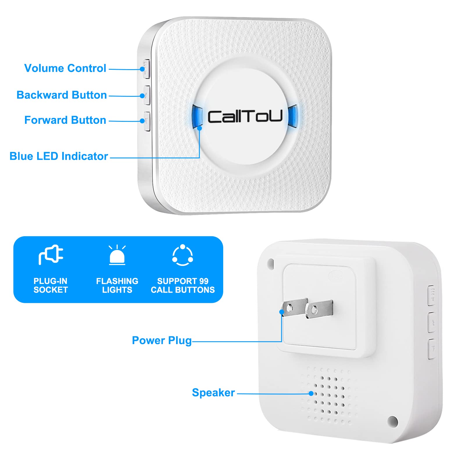 Calltou Caregiver Pager Wireless Call Button Nurse Alert System 500+ Feet For Home/Elderly/Patient/Disabled 1 Plugin Receiver 1