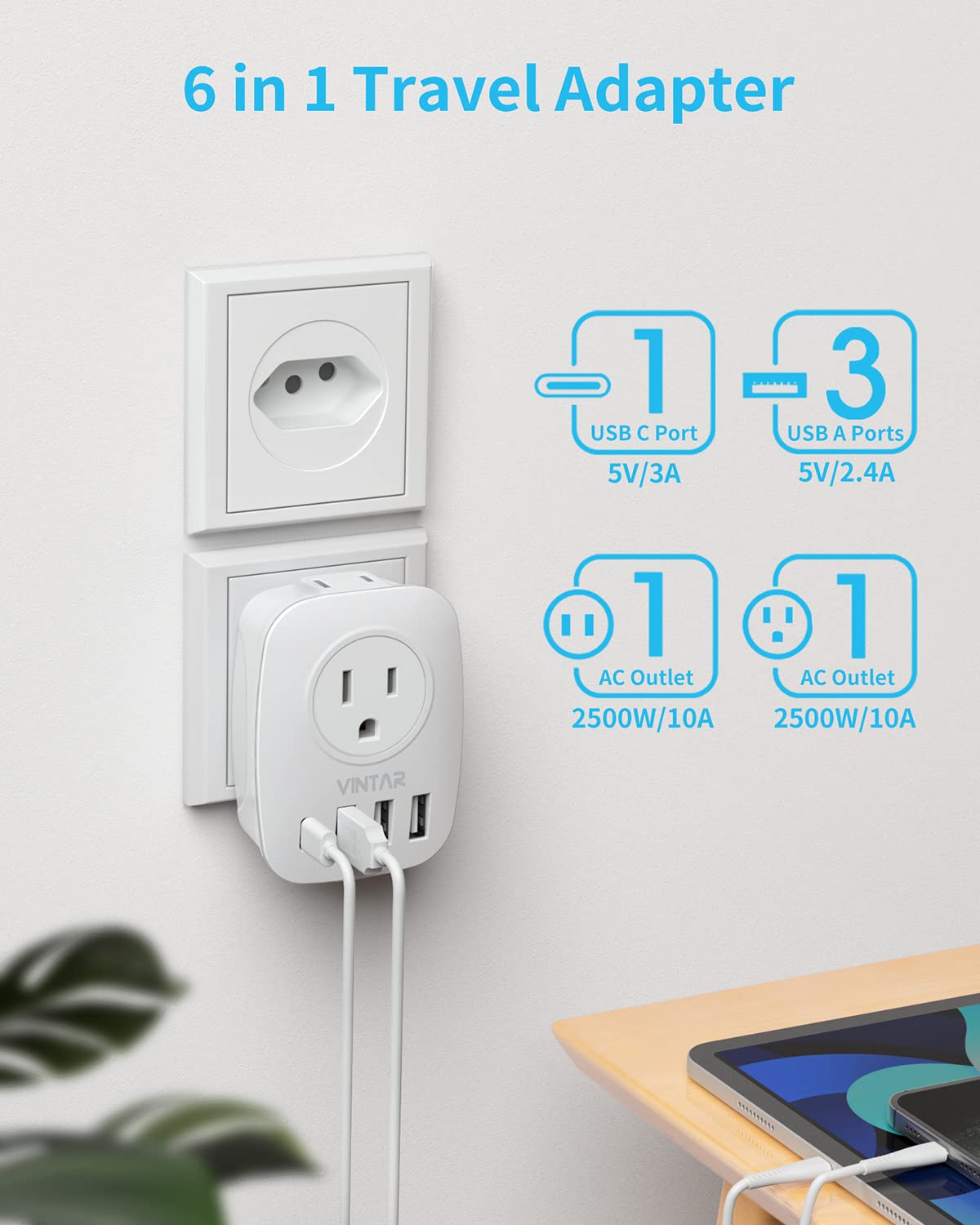 2 Pack Switzerland Plug Adapter,Vintar Type J Adapter Switzerland With 1 Usb C,3 Usb Ports And 2 American Outlets, 6 In 1 Swiss