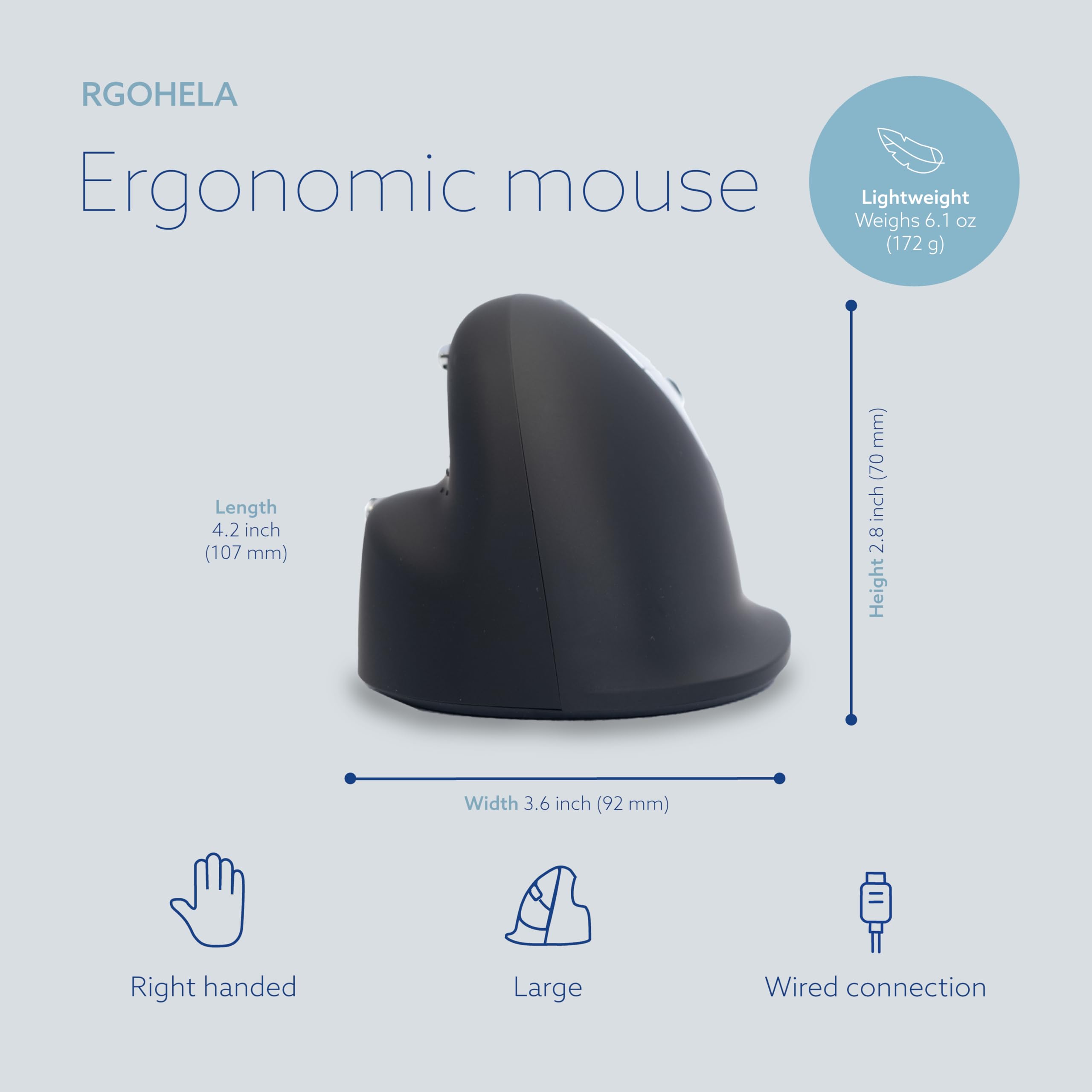 R Go He Ergonomic Mouse, For Large Hand, Vertical Ergo Mouse, Wired With Usb Cable, 500 3500 Dpi, 5 Buttons, Prevention Tennis E