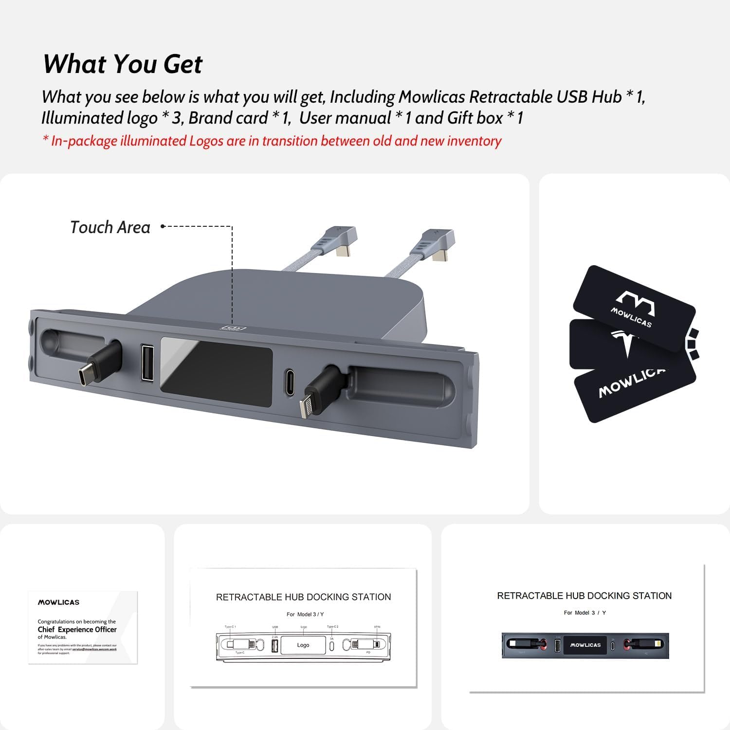 Mowlicas Upgrade Touch Switch Design For Tesla Usb Hub (Silver Gray), Retractable Car Charger Is Necessary Model Y 2024/2023/202