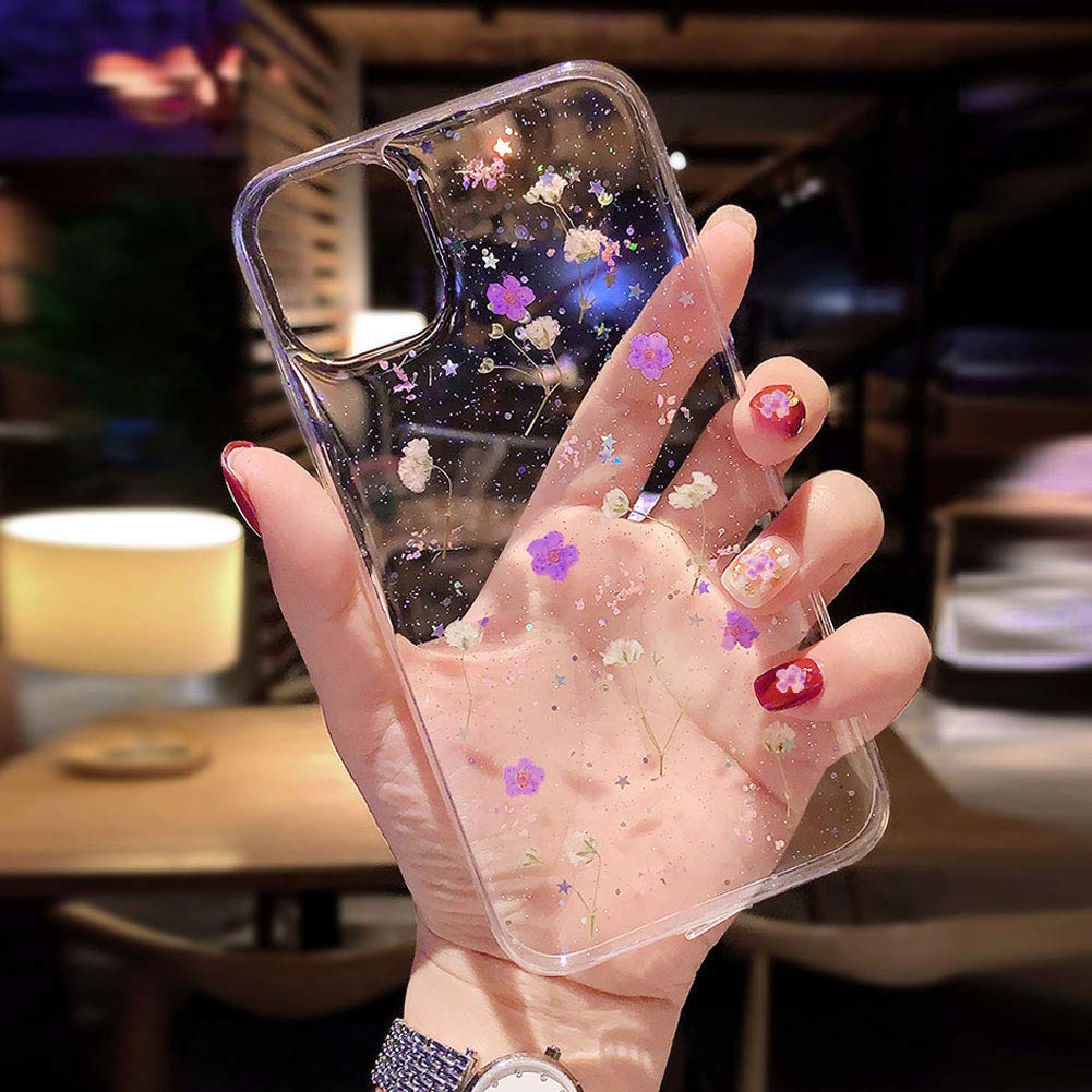 Abbery Designed For Iphone 11 Pressed Flower Case, Cute Bling Glitter Sparkle Clear With Design Soft Silicone Tpu Rubber Dried R