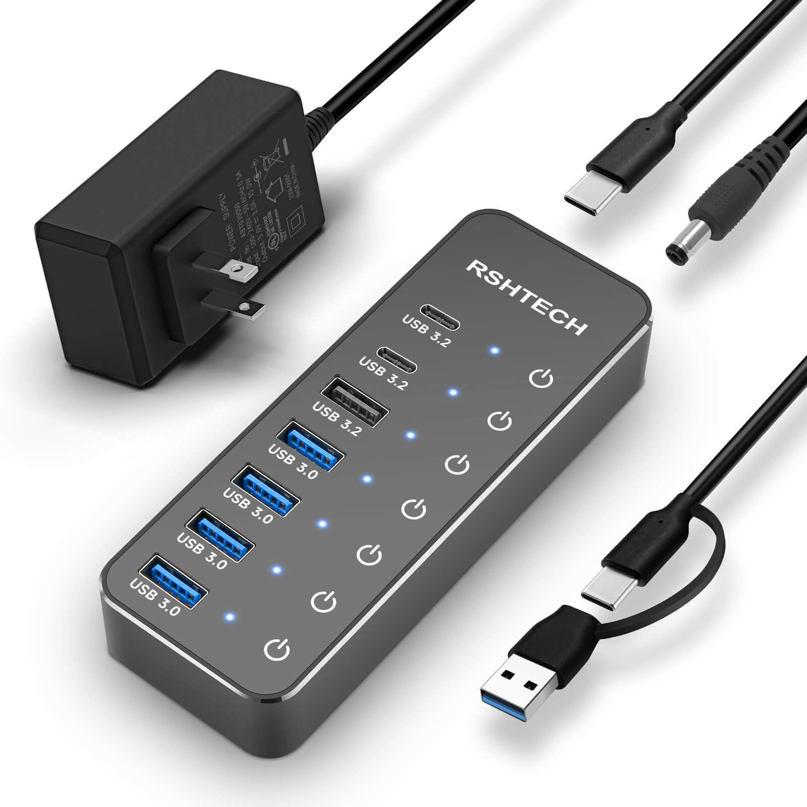Rshtech 7 Port Powered Usb 3.2/Usb C Hub With 10Gbps Usb A 3.2, 2 Usb C 3.2, 4 Usb 3.0 Ports, Individual Touch Switches, 3.3Ft C