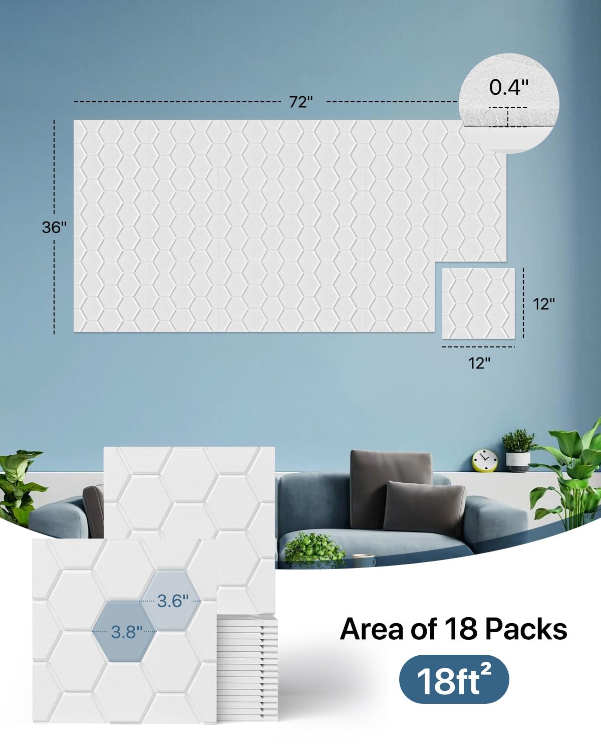 Soundproof Wall Panels, Kuchoow Acoustic Panels Sound Absorbing, 18 Pack High Density Sound Proof Panels For Walls Self Adhesive