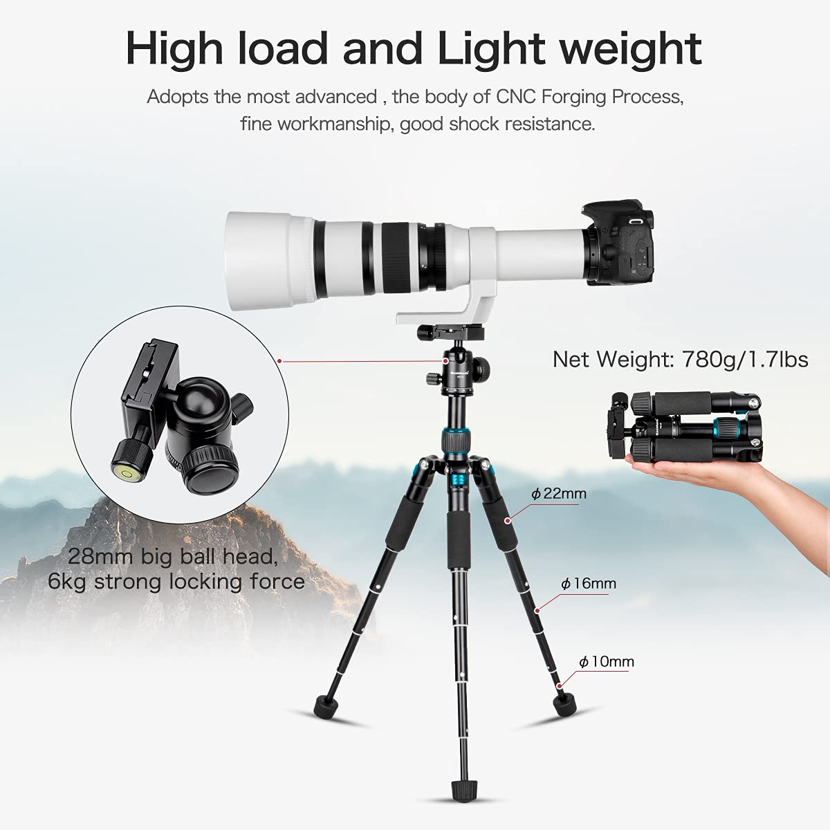 Koolehaoda Portable Mini Tripod Aluminum Alloy Tabletop Tripod Height 20 Inch / 51Cm With 360 Degree Ball Head And Bag For Dslr