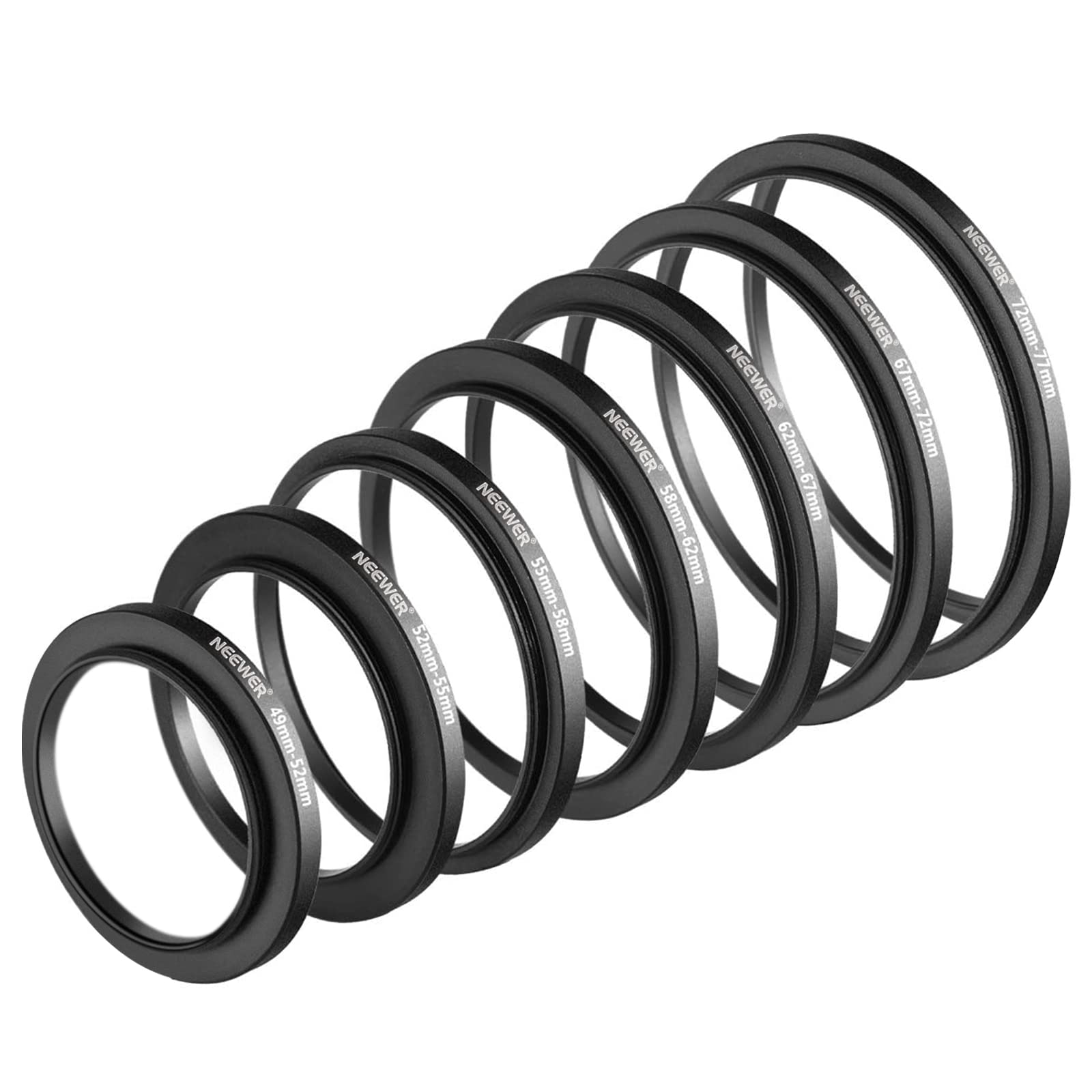 NEEWER 7PCS Step Up Rings Filter Adapter, 49-52mm, 52-55mm, 55-58mm, 58-62mm, 62-67mm, 67-72mm, 72-77mm Threaded Premium Anodize