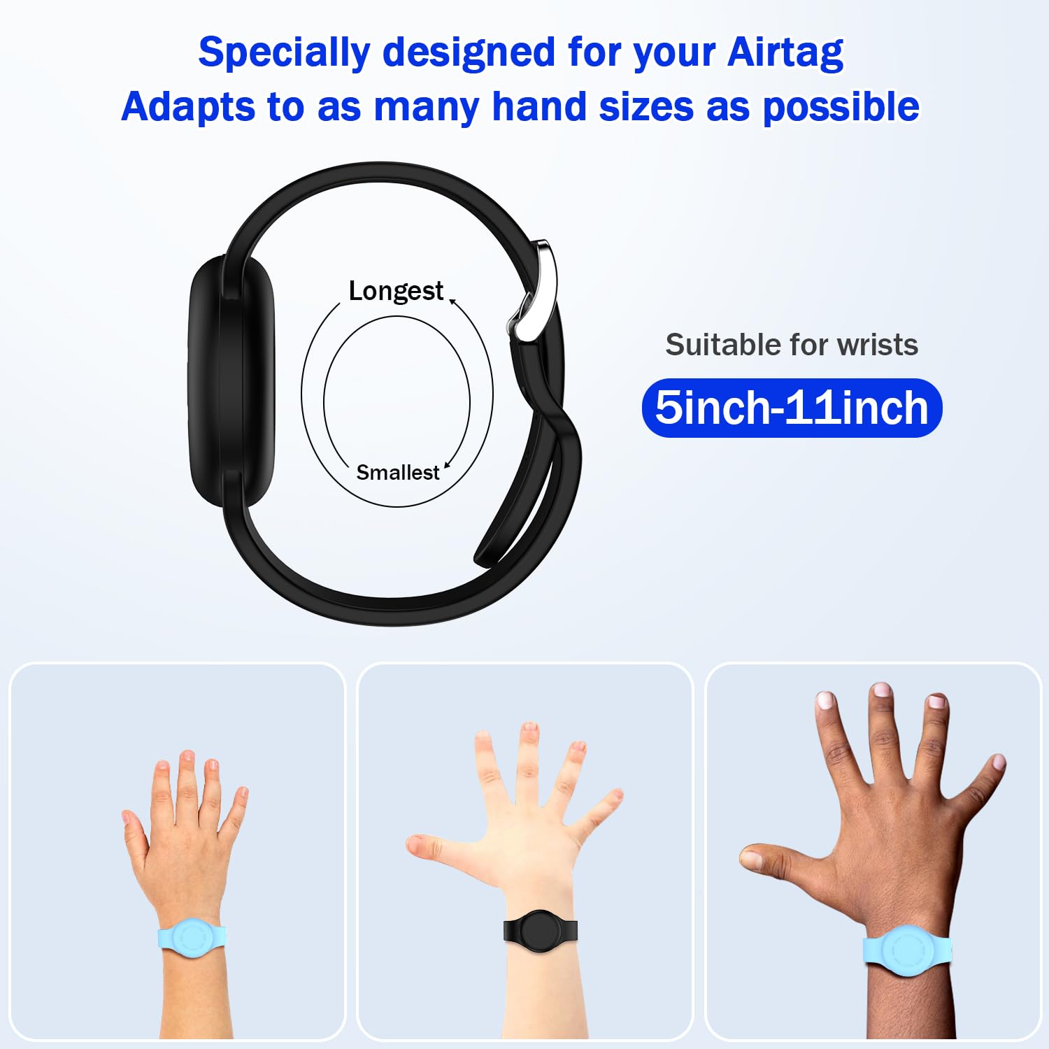 R-fun Portable Waterproof Airtag Bracelet for Kids Soft Silicone Black/Glow Blue (2 Pack)