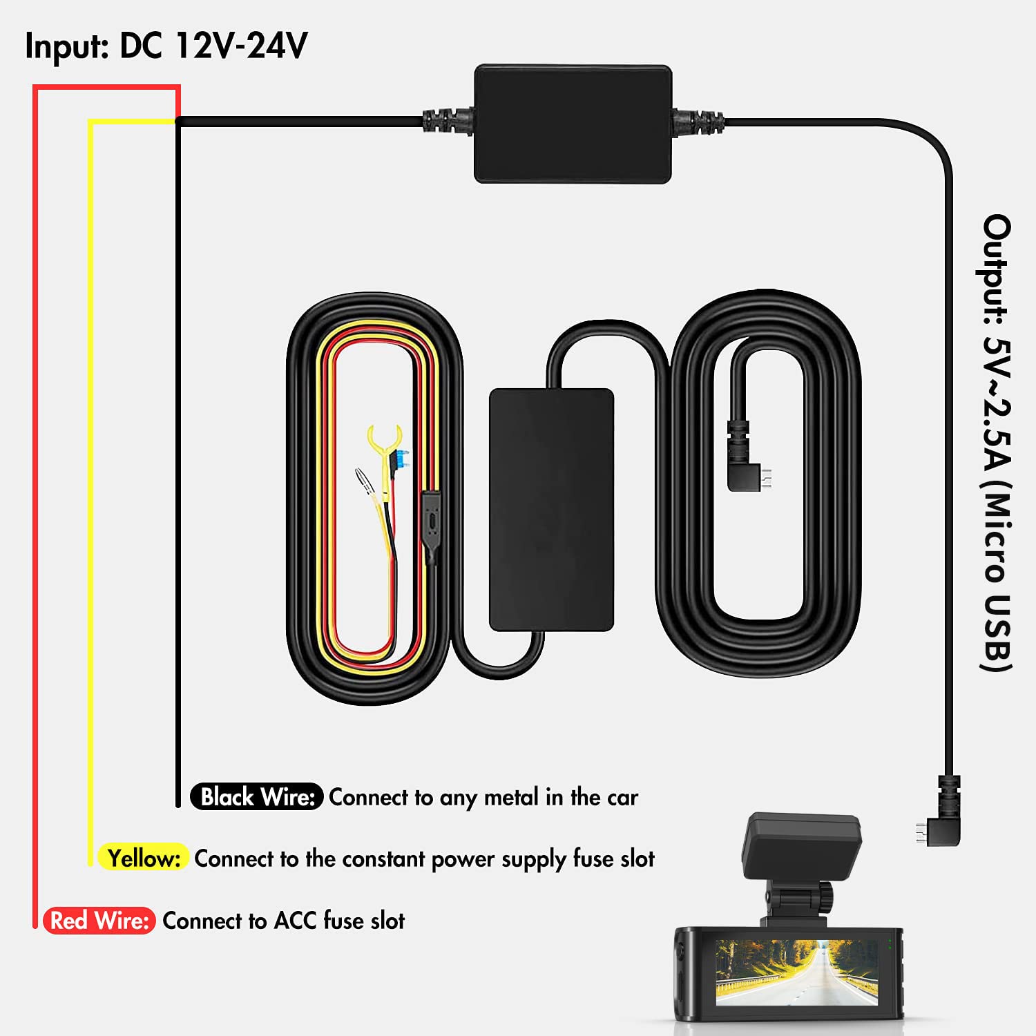 REDTIGER F7N Dash Cam Hardwire Kit USB C, 12V-24V to 5V Charger, Low Voltage Protection, Model RTH30GS, Double-4 F