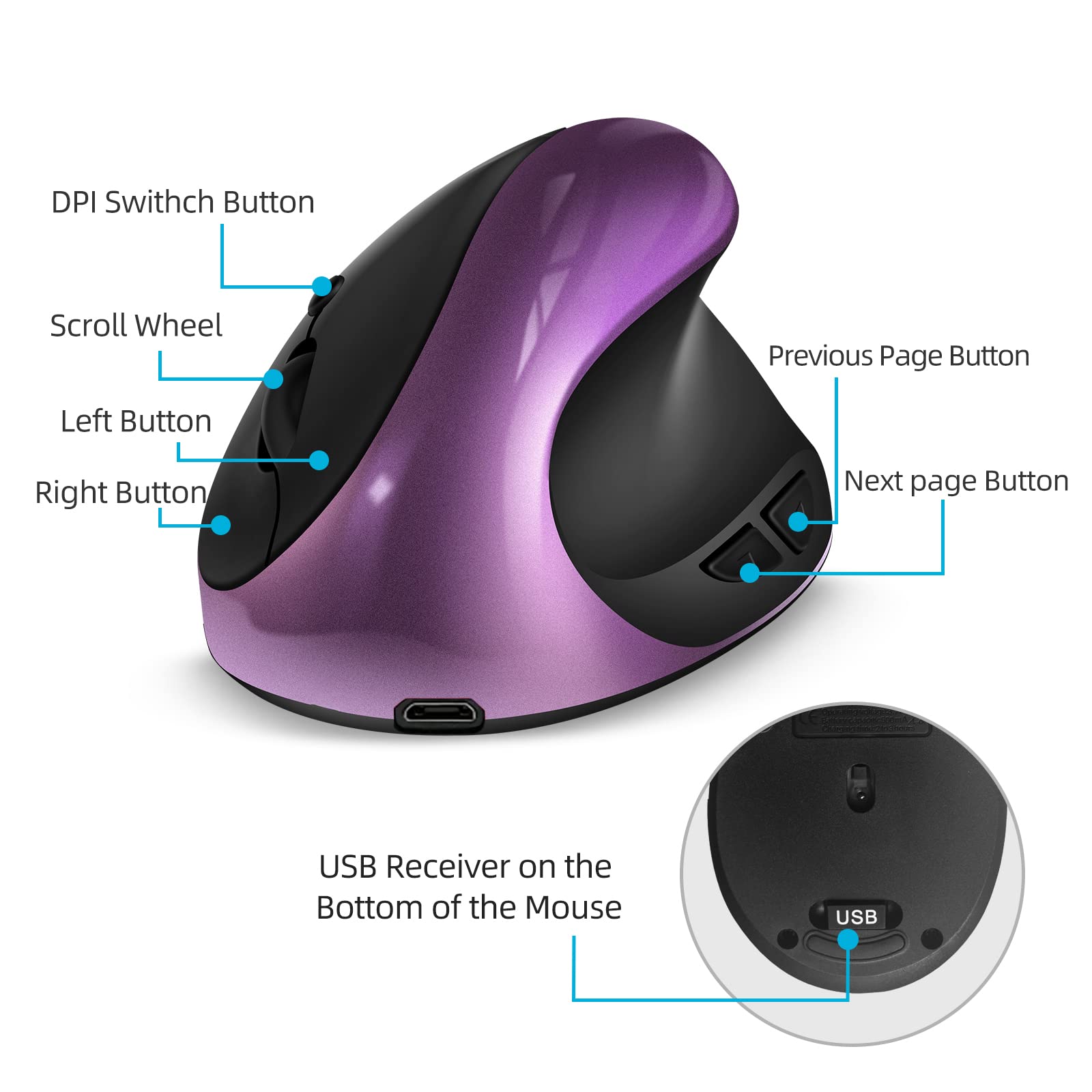 Woddlffy Ergonomic Mouse Wireless,Rechargeable Vertical Mouse Right Handed Small Mouse With 6 Buttons 1000/1200/1600 For Laptop,