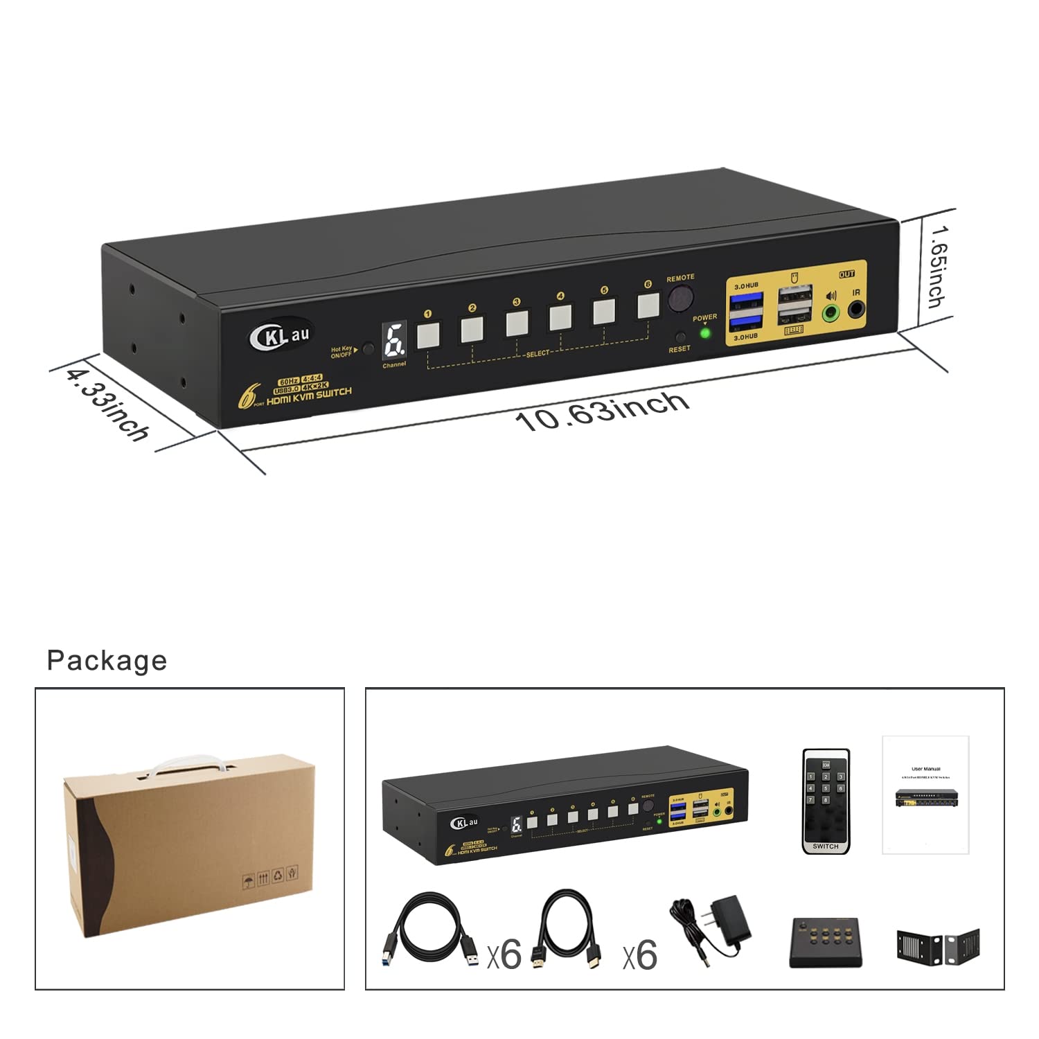 Cklau 6 Port Rack Mount Kvm Switch Hdmi 2.0 4K60Hz With Audio, 2 Pcs Usb 3.0 Peripheral Hub, And Cables For 6 Computers 1 Monito