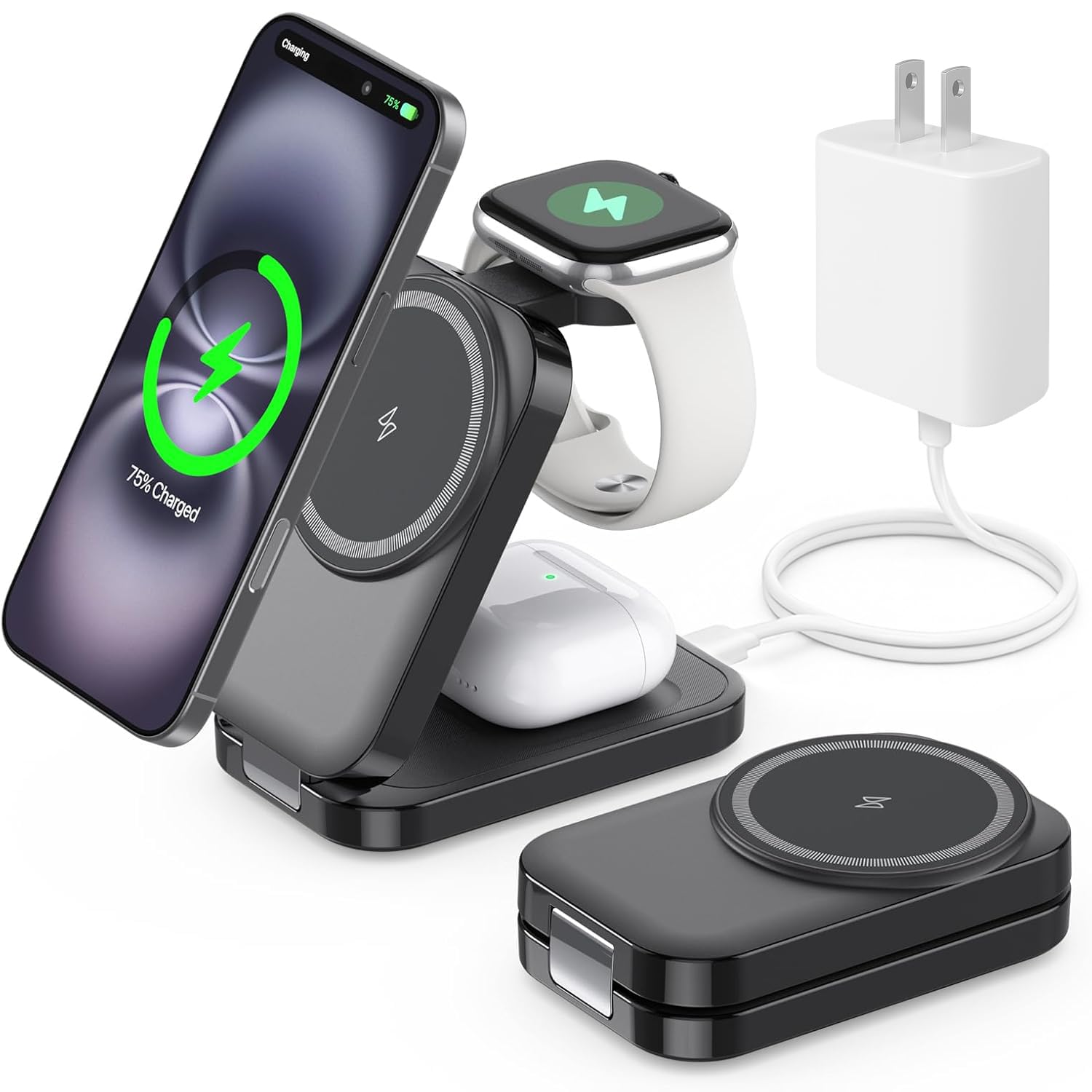 Wireless Cell Phone Charger Station 3 In 1, Magnetic Wireless Fast Charger Dock Stand For Iphone, Apple Watch, Airpods Pro, 15W 