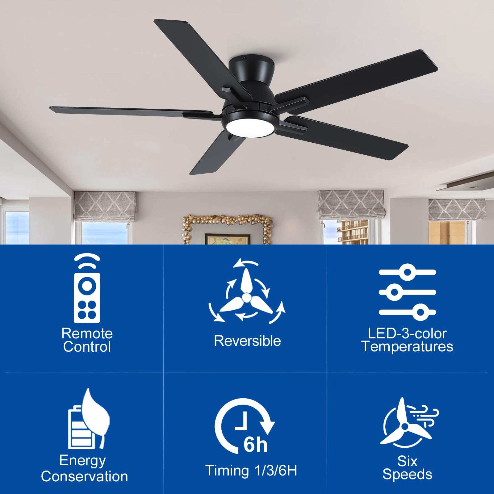 52 Inch Ceiling Fans With Lights,Black Low Profile Ceiling Fan With Light And Remote Control,Flush Mount,6 Speed Reversible Dc M