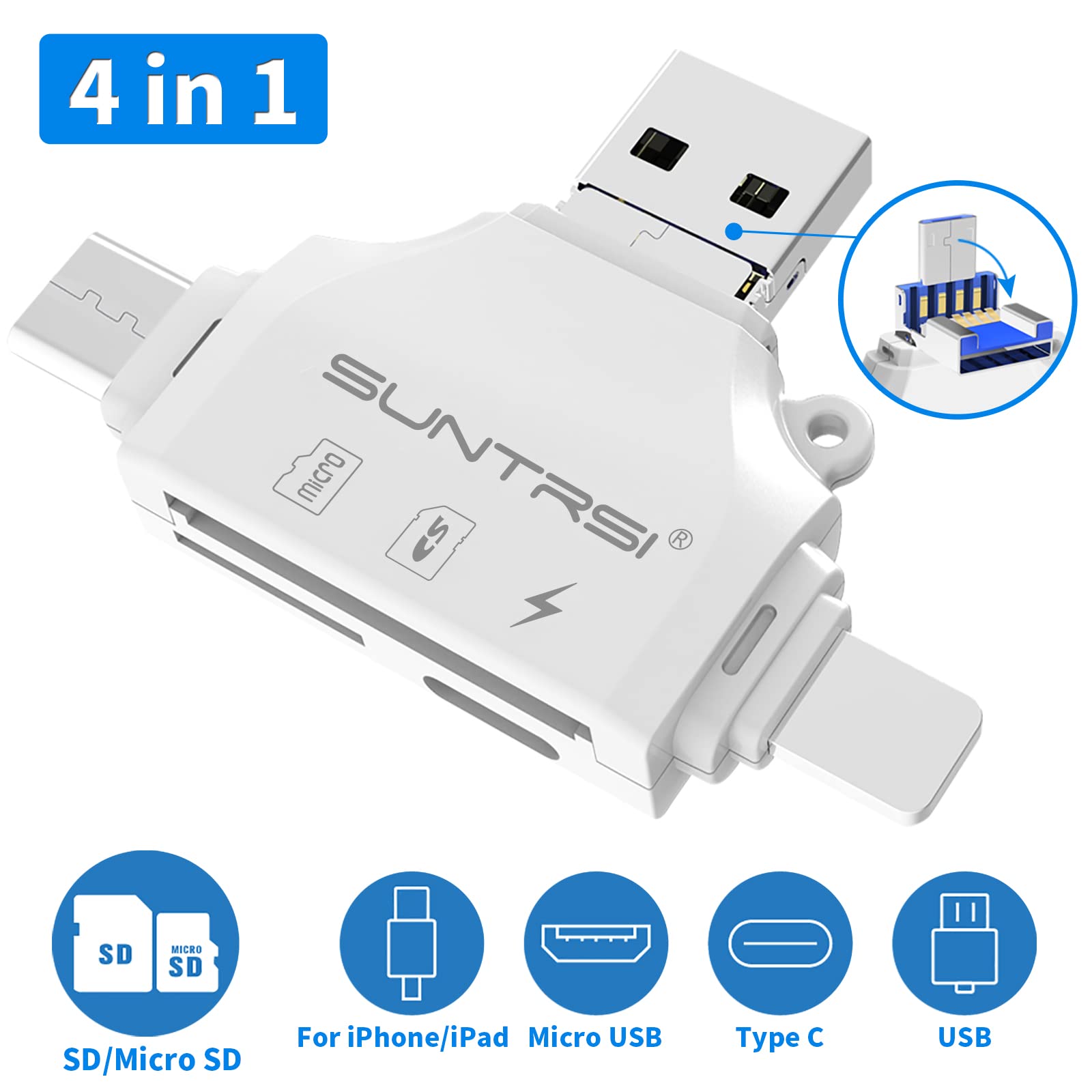 Sd/Micro Sd Card Reader For Iphone/Ipad/Android/Mac/Computer/Camera,Portable Memory Card Reader 4 In 1 Micro Sd Card Adapter&Tra