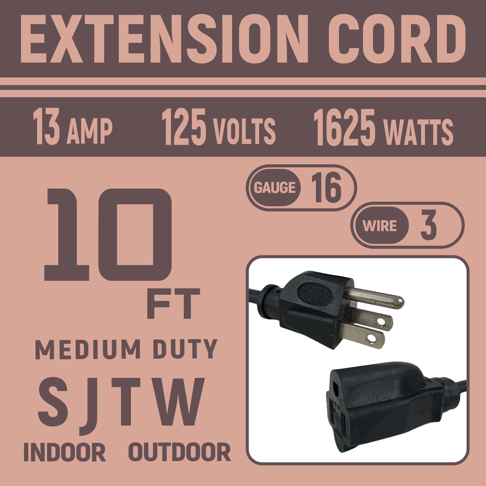 Greenprosper 10 Ft Indoor Outdoor Black Extension Cord, 16 Gauge Waterproof Electrical Power Cable, 16/3 Sjtw 3 Prong Grounded P