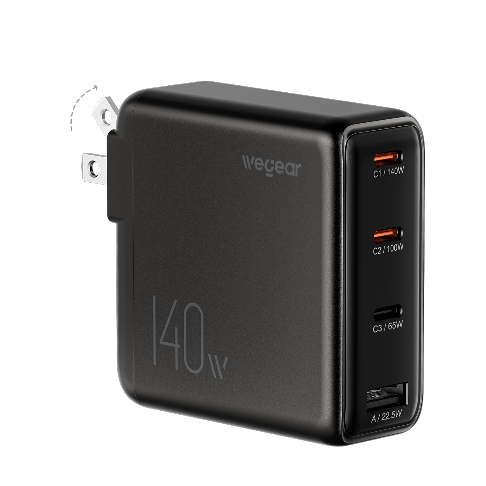 wegear 140W USBC Charger for Laptop, Slim 4Port PD 3.1 GaN BlockBlack