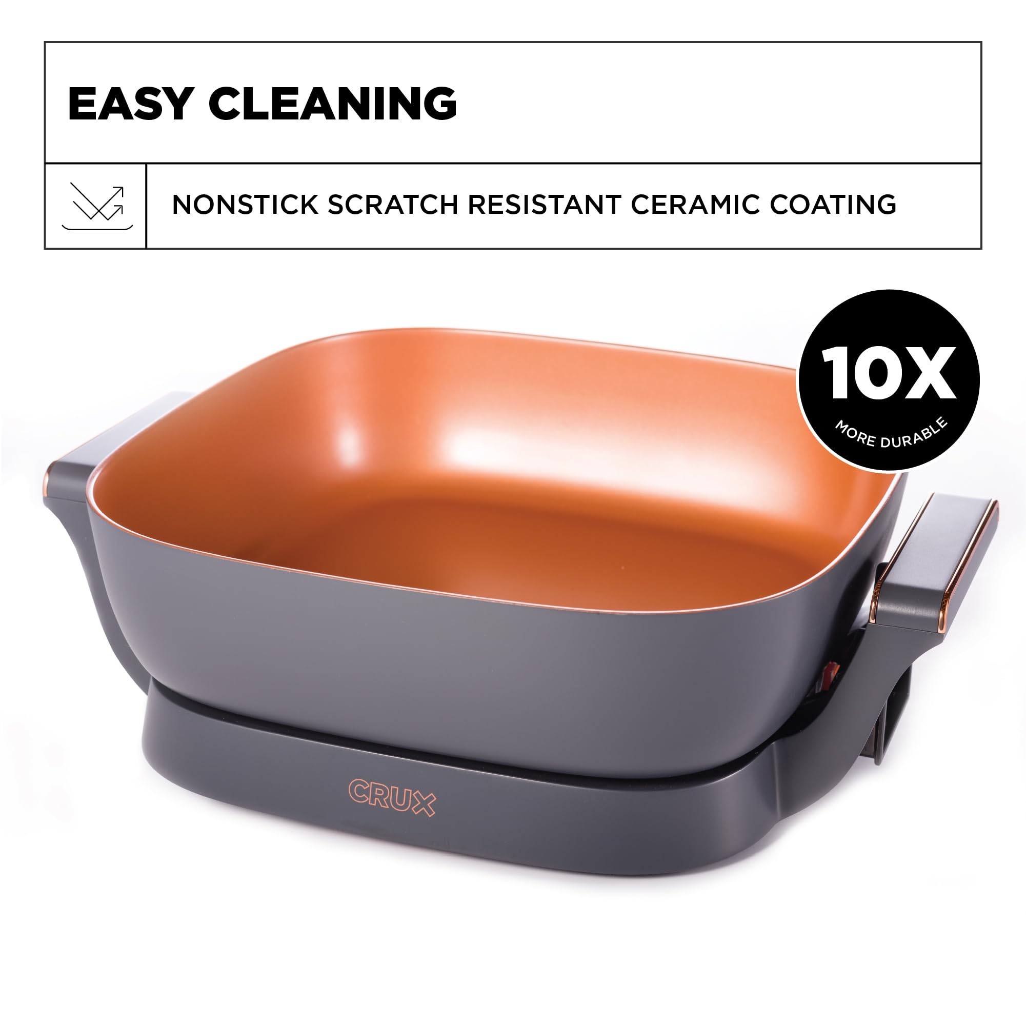 Crux Electric Skillet With Glass Lid   Nonstick Scratch Resistant Ceramic Pan, Extra Deep With Removable Temperature Probe, 12' X 12', 1400 Watts, Pfoa & Ptfe Free