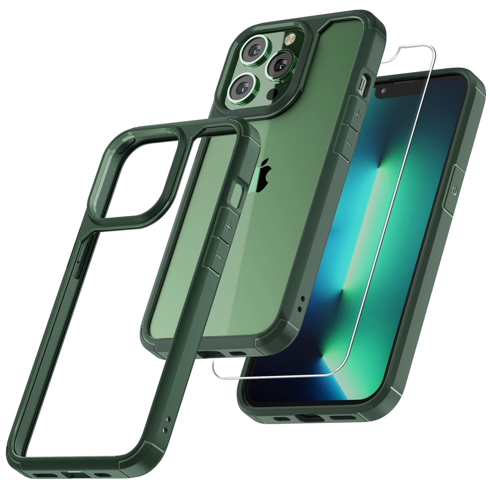 Tauri 5 In 1 For Iphone 13 Pro Case Green, [Not Yellowing] [Military Grade Protection] Slim Shockproof Phone Lanyard Case For Ip