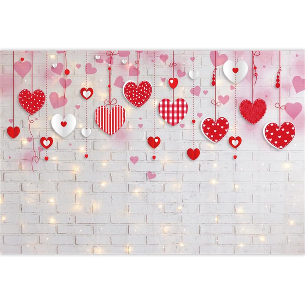 Canessioa Valentines Day Backdrop 10x8ft Red Heart White Brick Wall Yellow Light Spot Decorations Background Valentines Day Bac