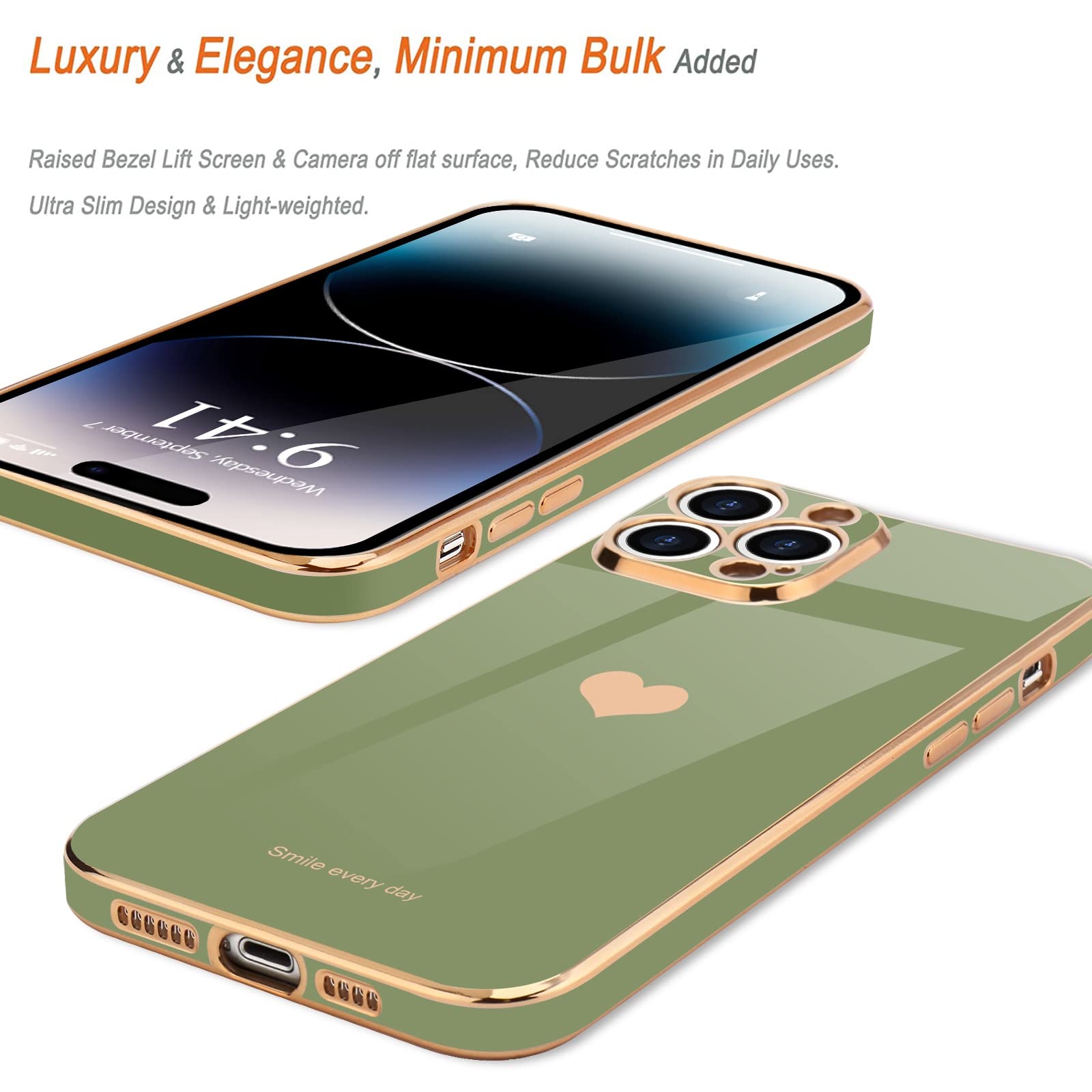 Teageo For Iphone 14 Pro Max Case For Women Girl Cute Love Heart Luxury Plating Soft Bling Back Cover Raised Full Camera Protect