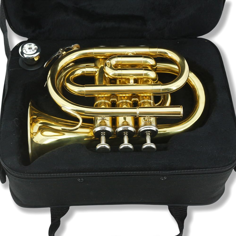 Wuqimusc Brass Pocket Trumpet Bb Key Nickel Plated With Mouthpiece 7C, Cleaning Kit, Carrying Case, Gloves For Beginners/Student