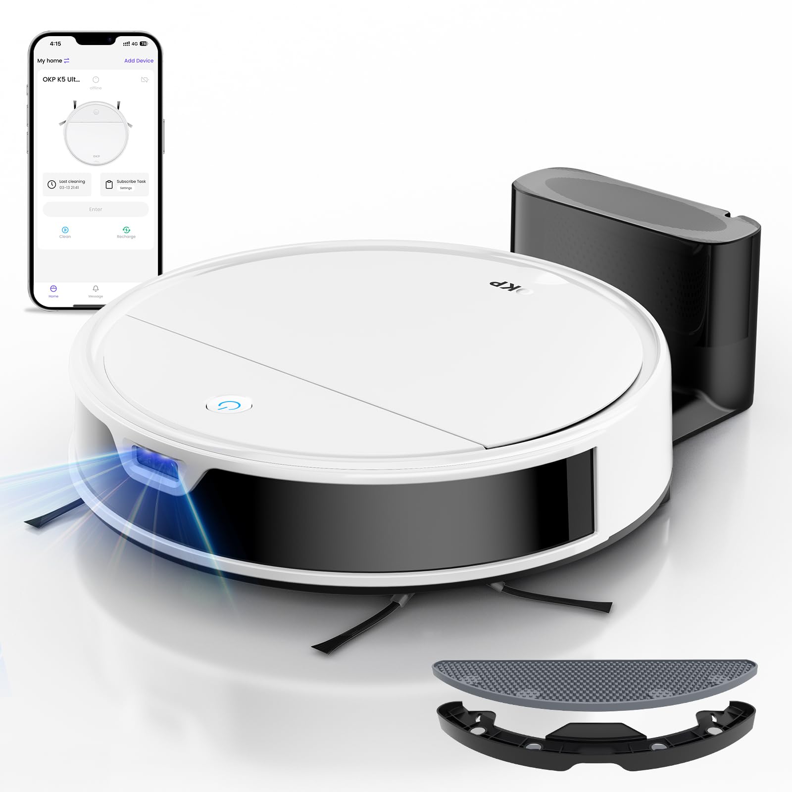 OKP Robot Vacuum and Mop Combo K5 Ultra Small Robotic Cleaner with ToF LiDAR Navigation, 6000pa Suction, WiFi/App/Alexa Control,