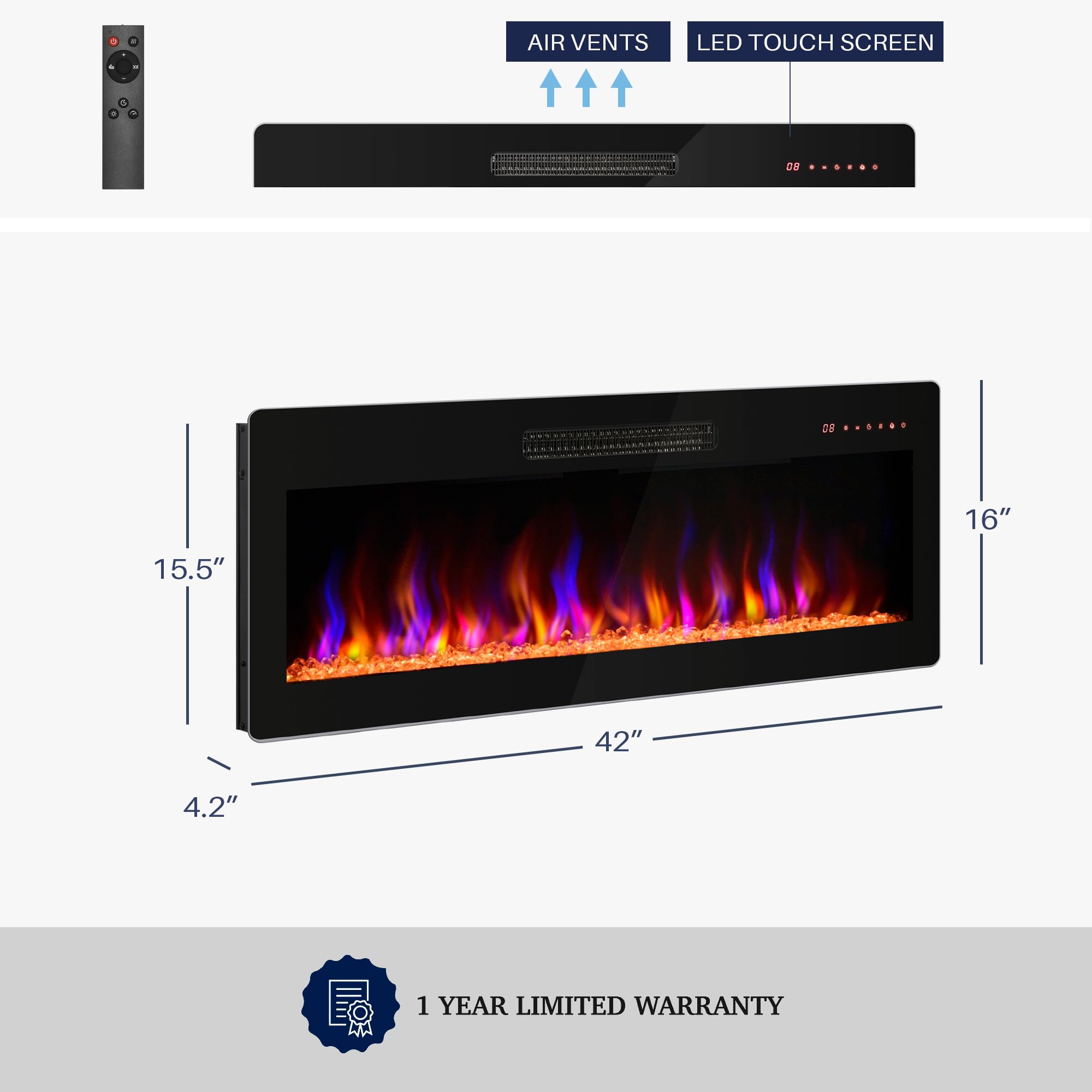 Belleze 42'' Electric Fireplace Heater, 1400 W Recessed & Wall Mounted Electric Fireplace With Remote Control, Heater With Adjus