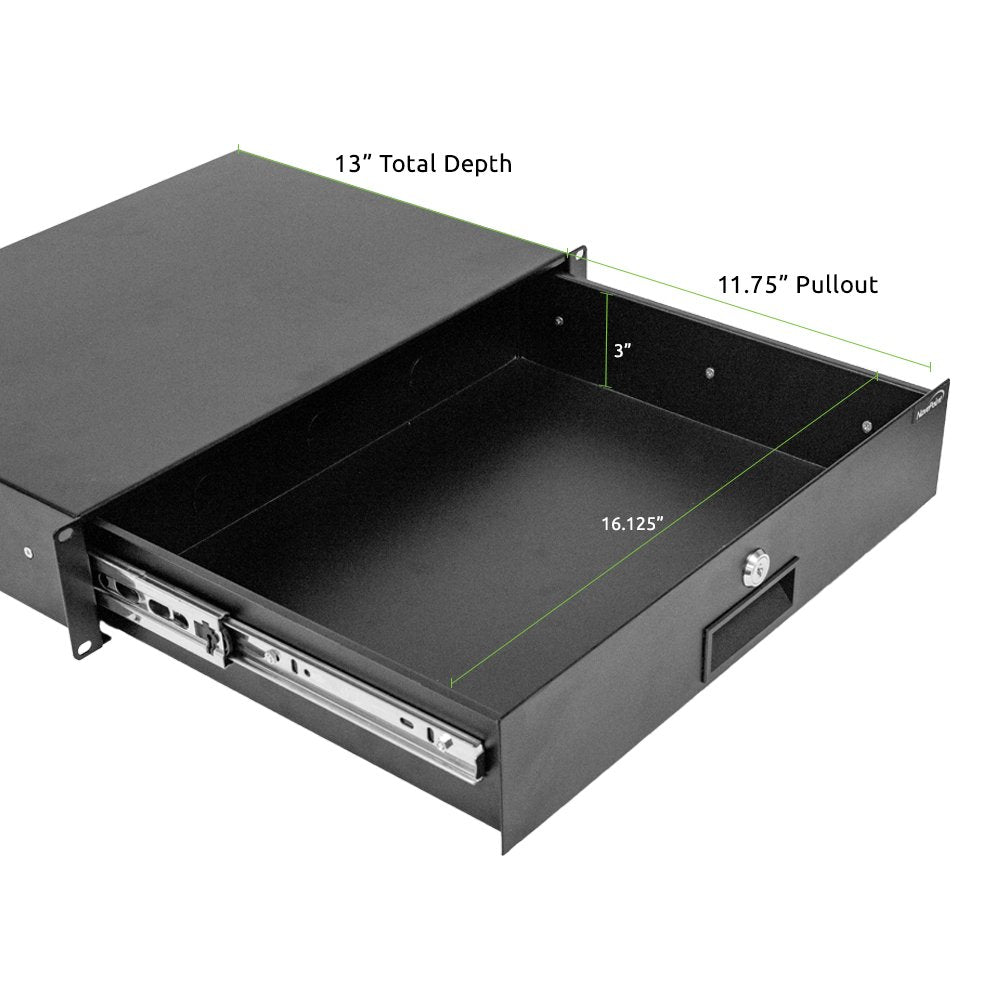 Navepoint Rack Mount Drawer For 19 Inch Server Cabinet Case Or Dj With Lock And Key 2U Black