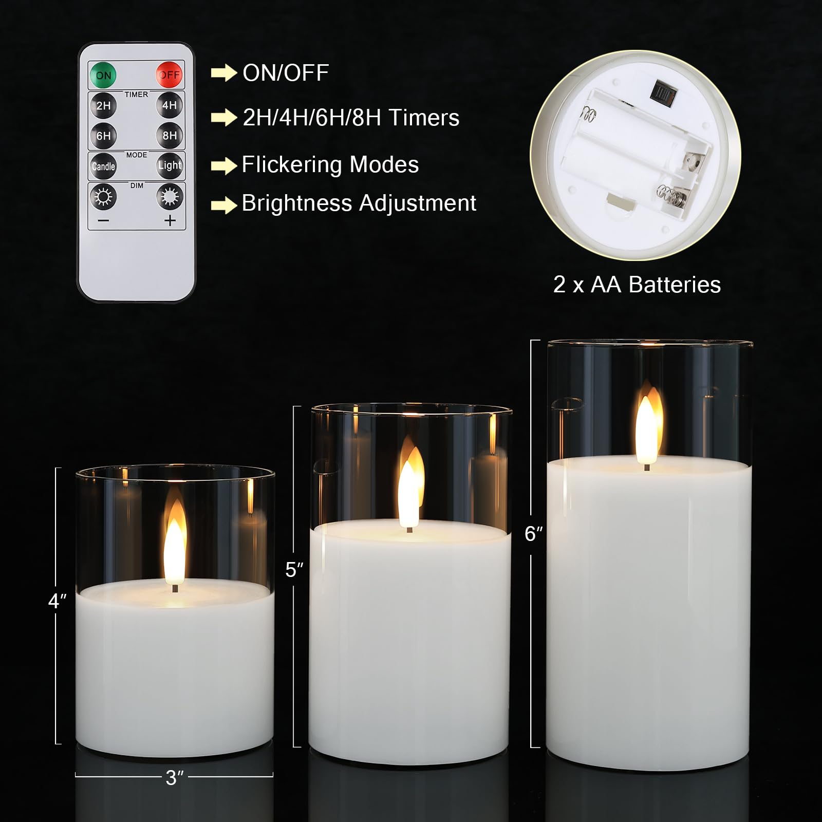 Credtarnos Battery Operated Candles, Clear Glass Flickering Flameless Candles With Remote And Timer,3D Wick White Real Wax Led C
