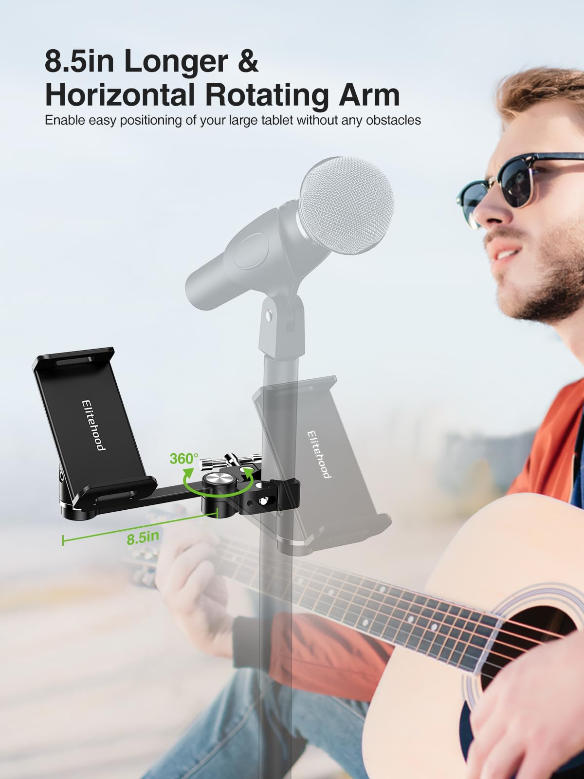 Elitehood 8.5In Long Arm Ipad Holder For Mic Stand, 360� Adjustable Aluminum Mic Stand Tablet Holder, Microphone Music Stand Mount & 1/4 Ipad Tripod Mount For Ipad, Iphone, Android 4 13In Tablets