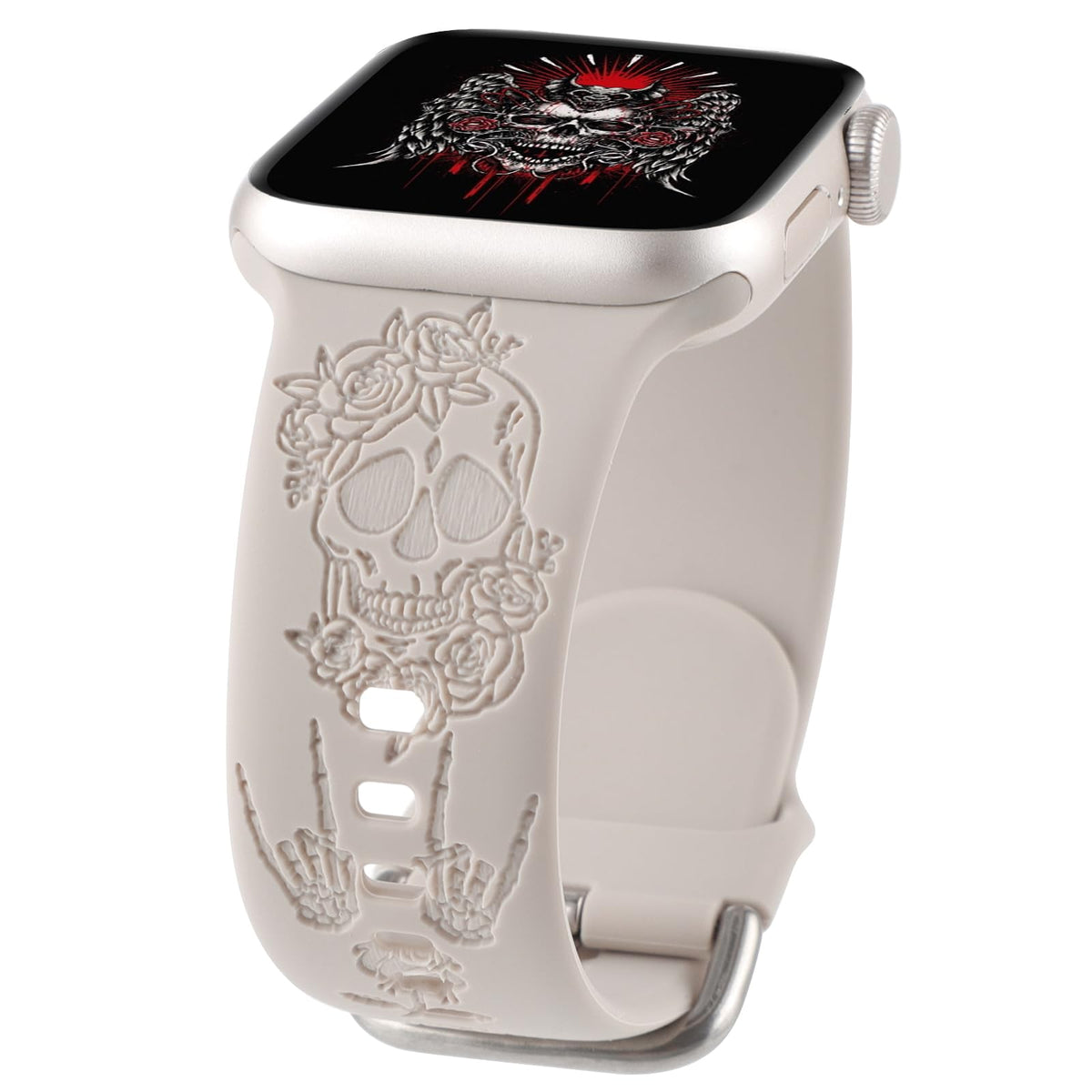 Halloween Skull Engraved Silicone Band Compatible With Apple Watch 42Mm 44Mm 45Mm,Floral Carved Soft Silicone Sport Wristband Cu