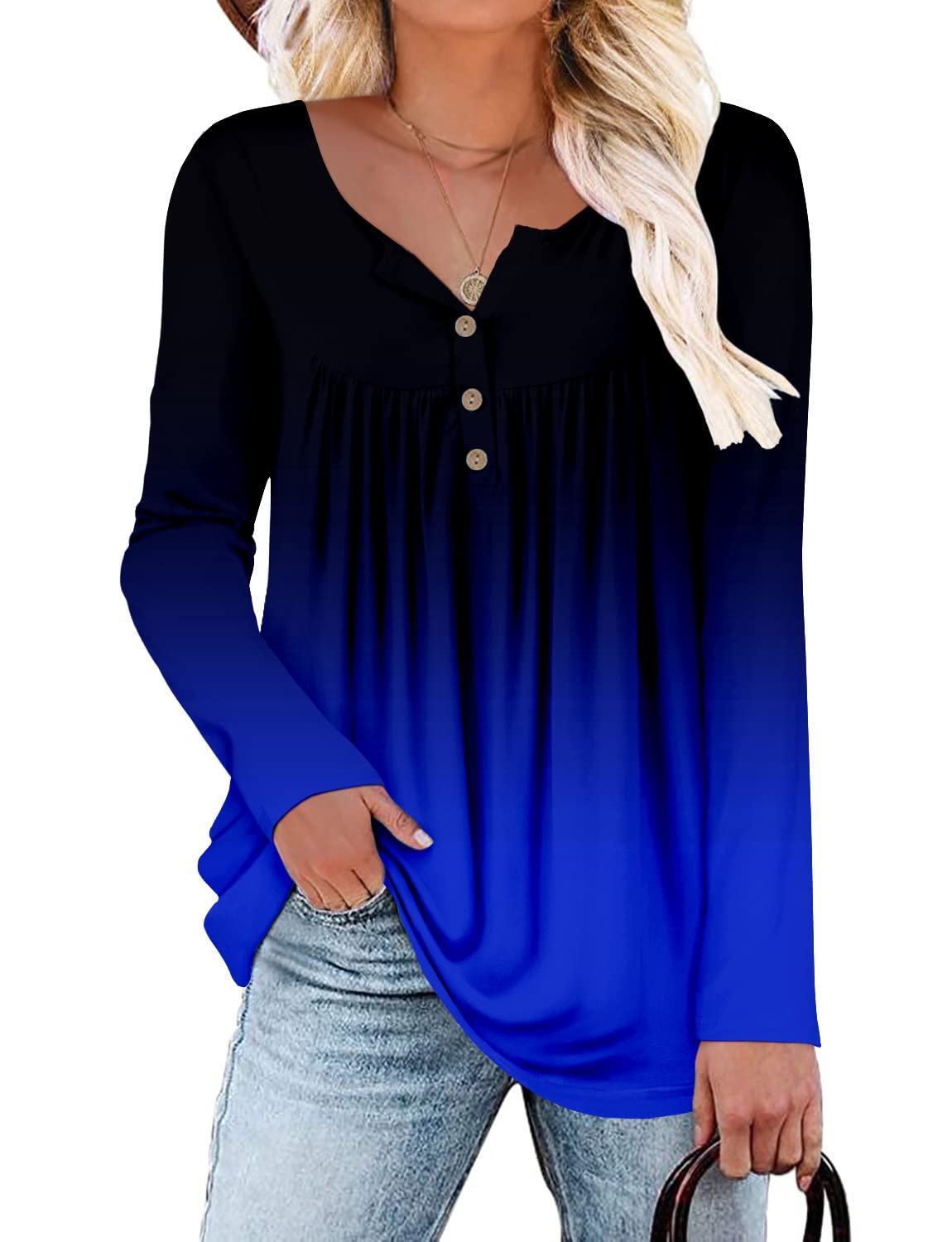 Plus Size Tops For Women Long Sleeve Shirts Fall Blue Ladies Blouse Top 3Xl