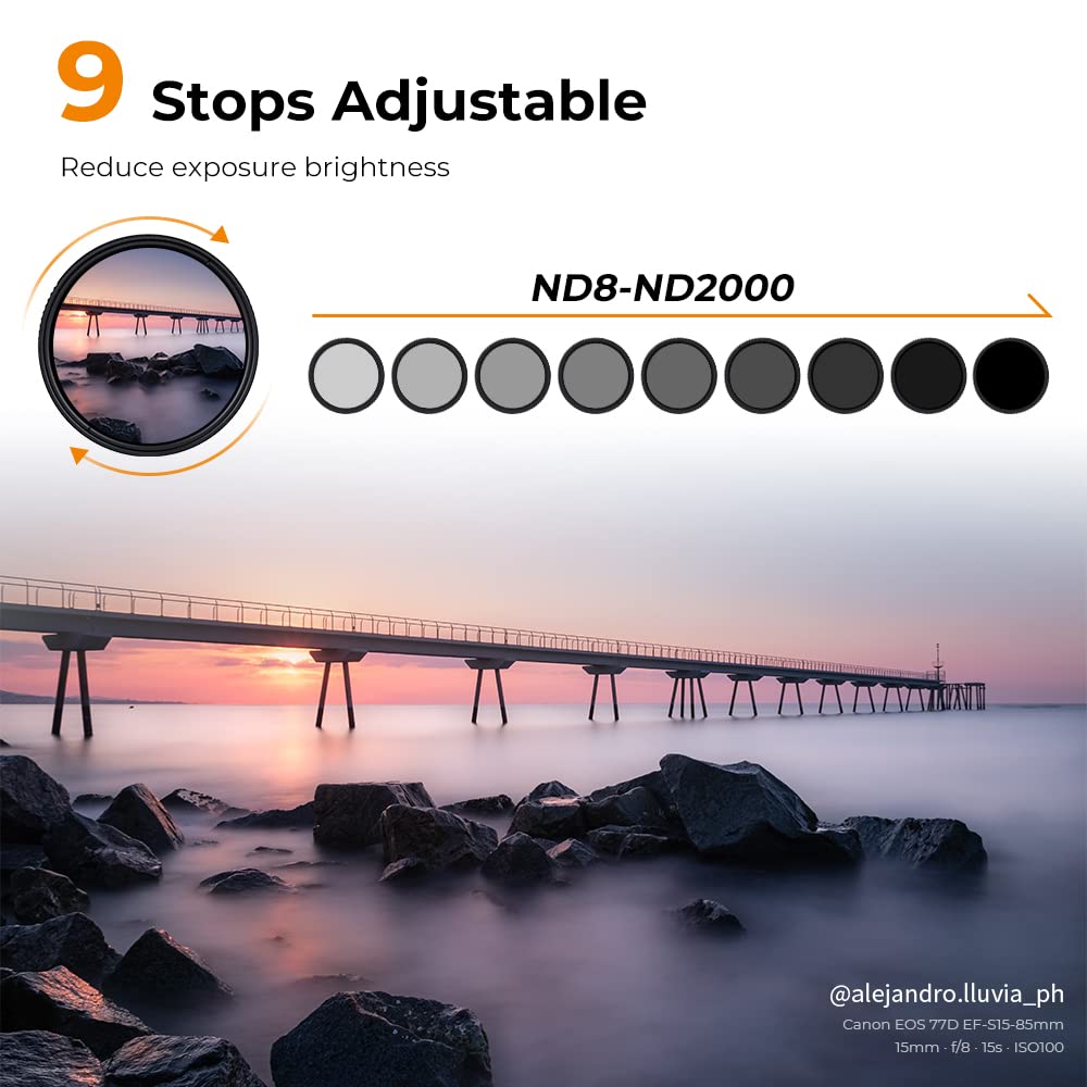 K&F Concept 52Mm Variable Neutral Density Lens Filter Nd8 Nd2000 (3 11Stop) Waterproof Adjustable Nd Lens Filter With 24 Multi Layer Coatings For Camera Lens (D Series)