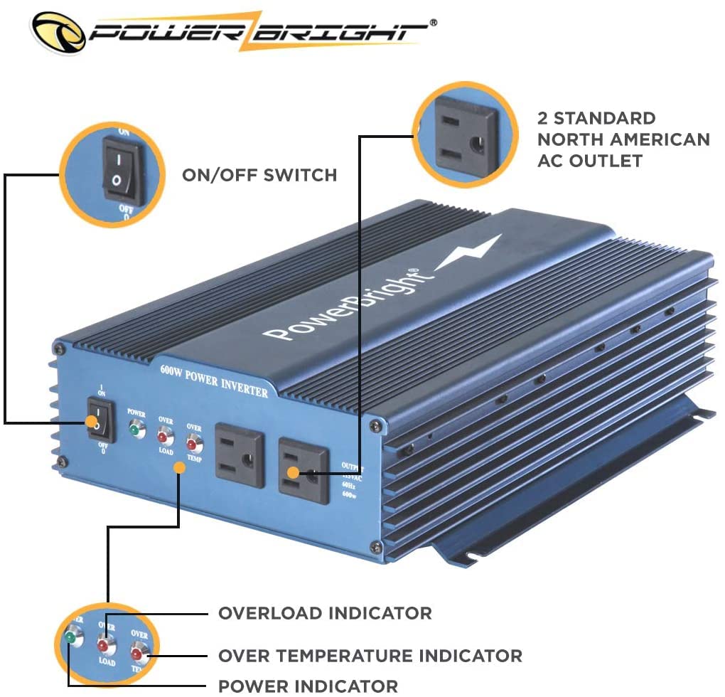 Powerbright 600 Watt Pure Sine Wave Power Inverter, 12 V Dc To 120 V Ac Car Inverter W/ Dual 120 Volt Ac Outlets & Overload Indicator. Perfect For Camping, Emergency, Hurricane & Storm Outage