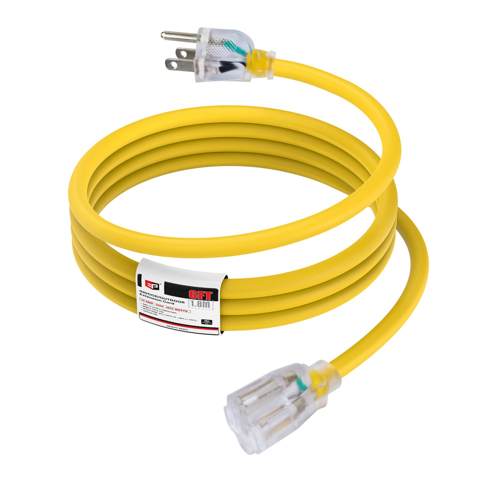 Ep 6 Ft 14/3 Lighted Outdoor Extension Cord   14 Gauge Sjtw Heavy Duty Yellow Extension Cable With 3 Prong Grounded Plug, Great