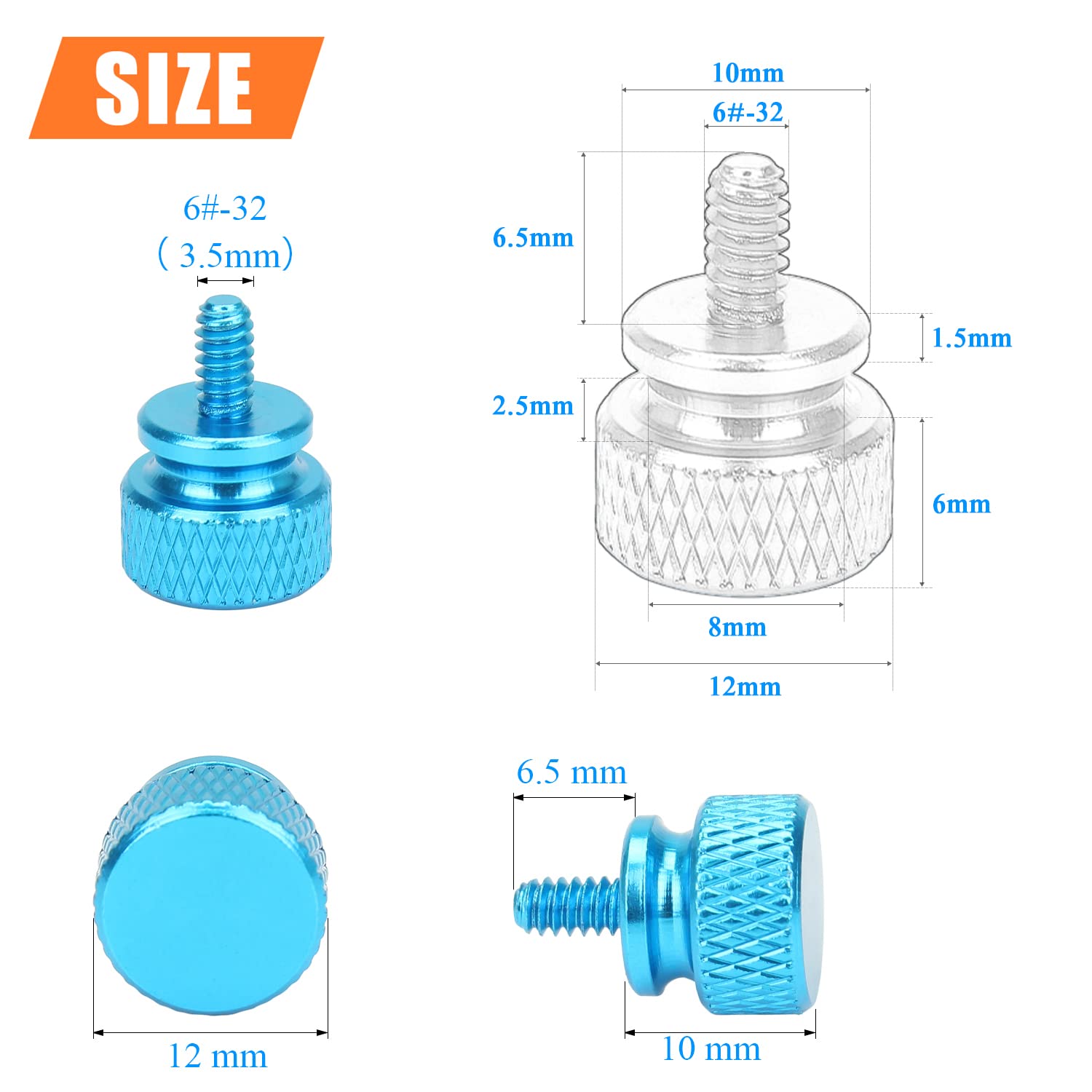 Helifouner 10 Pieces 6 32 Thread, Lake Blue Color Anodized Aluminum Computer Case Thumbscrews, Thumb Screws For Computer Case/Co