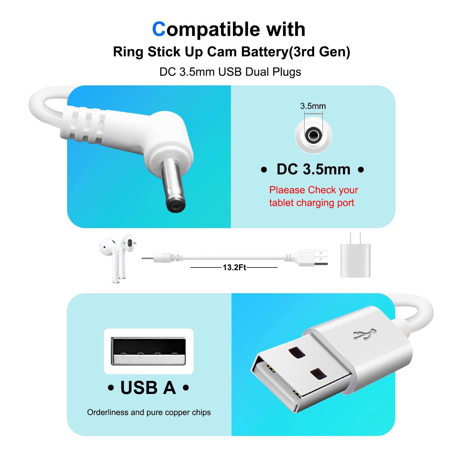 13.2Ft 3 Pack Stick Up Camera Power Adapter Plug Charger For Ring Stick Up Cam/Plug In 3Rd Gen/2Nd Gen & Spotlight Cam Spotlight