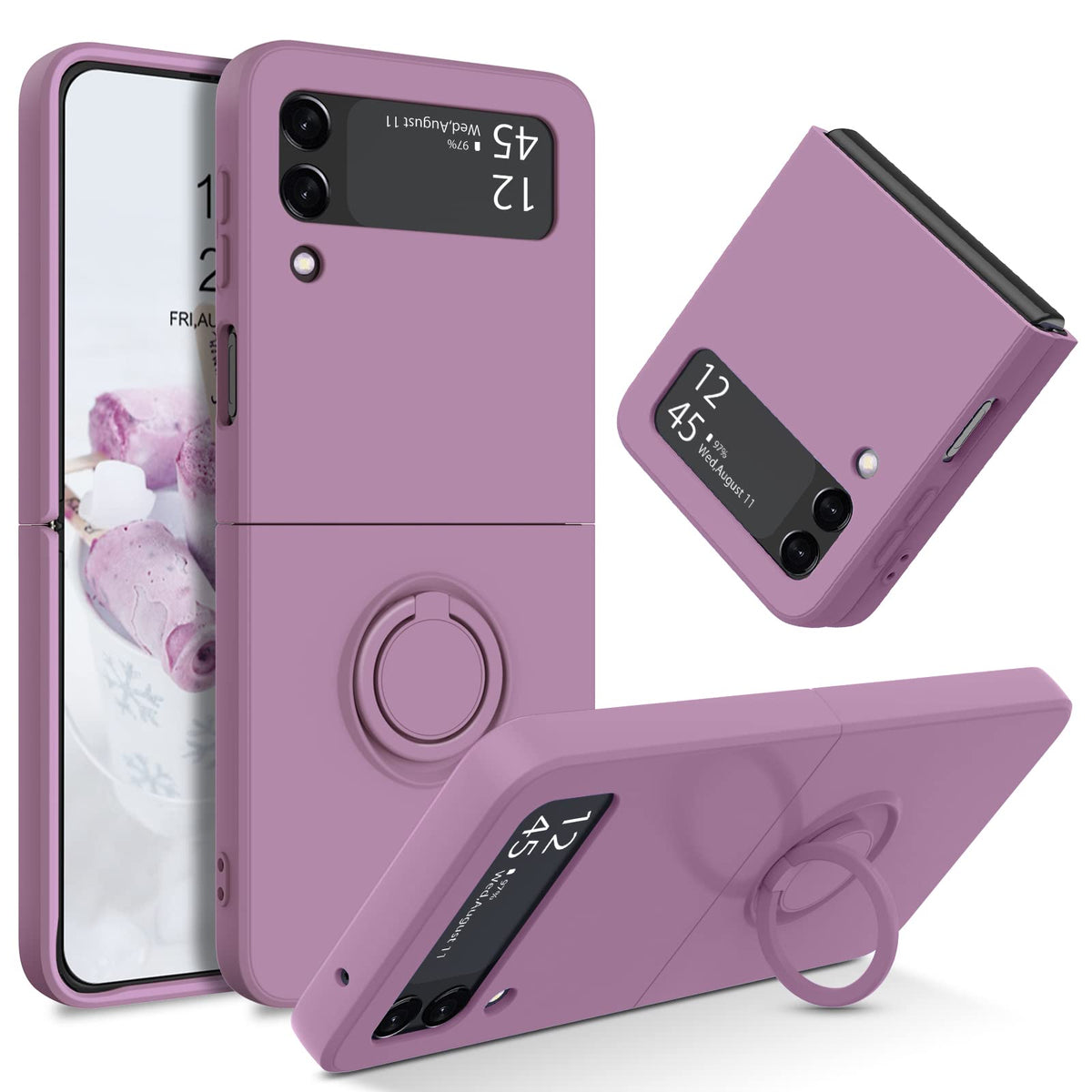 Duedue Samsung Galaxy Z Flip 3 5G Case Liquid Silicone Soft Gel Rubber Slim Cover With Ring Kickstand Shockproof Full Body Prote