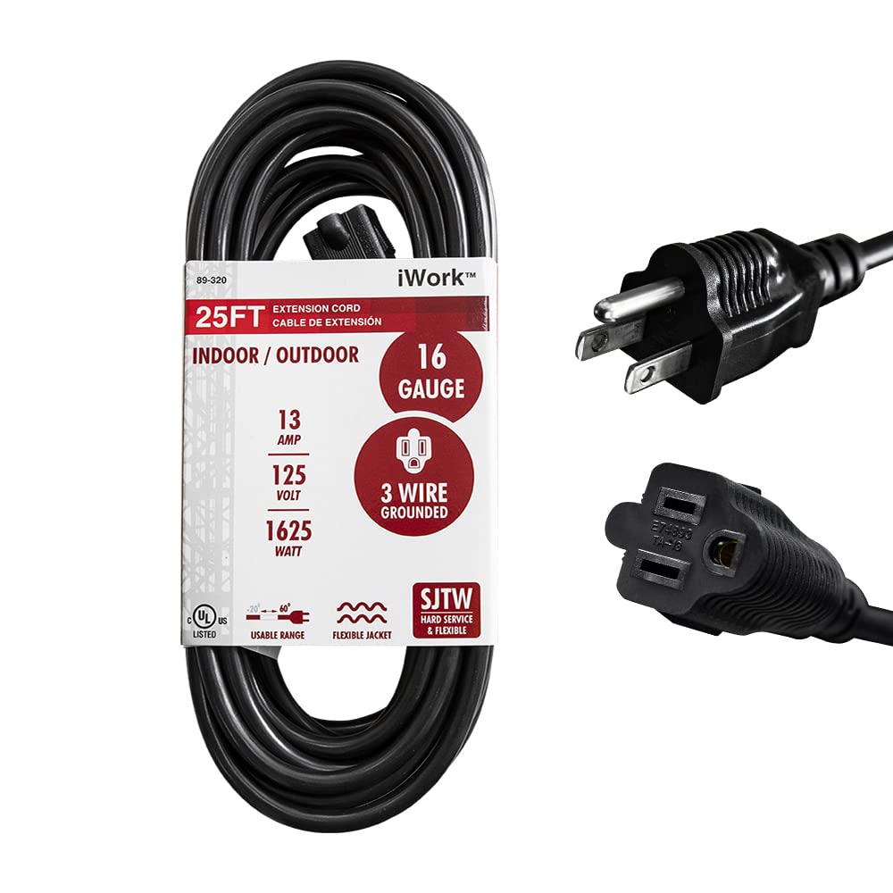 Iwork 25 Ft Black Extension Cord 3 Prong, Weather Resistant 16/3 Sjtw, 1625 Watt, 13 Amp Rating With Ul Listed For Indoor And Ou