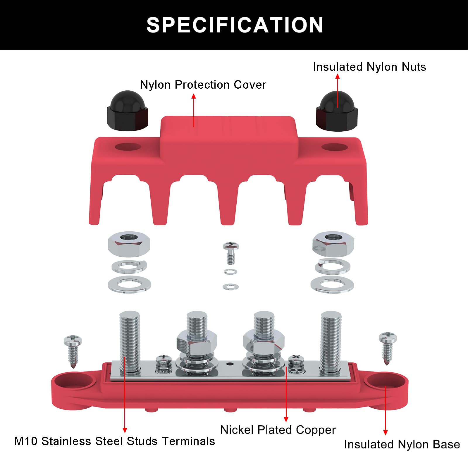 Uckasayfy Bus Bar 250A 12V Power Distribution Block With 3/8'' (M10) 4 Posts Terminals Block With Cover For Automotive, Marine,