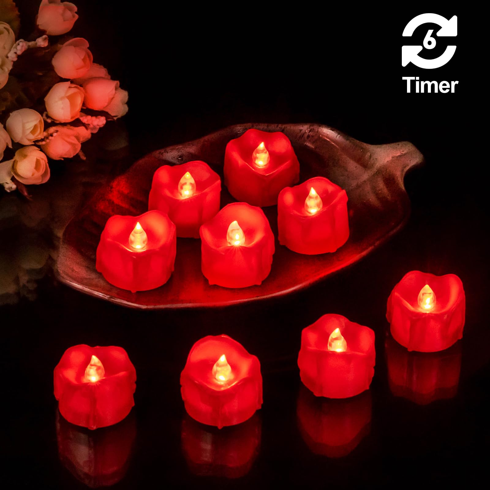 Windshell Red Flickering Flame Tealight Candles With 6H Timer (No Remote), Red Led Light Source, Battery Operated Flameless Tea