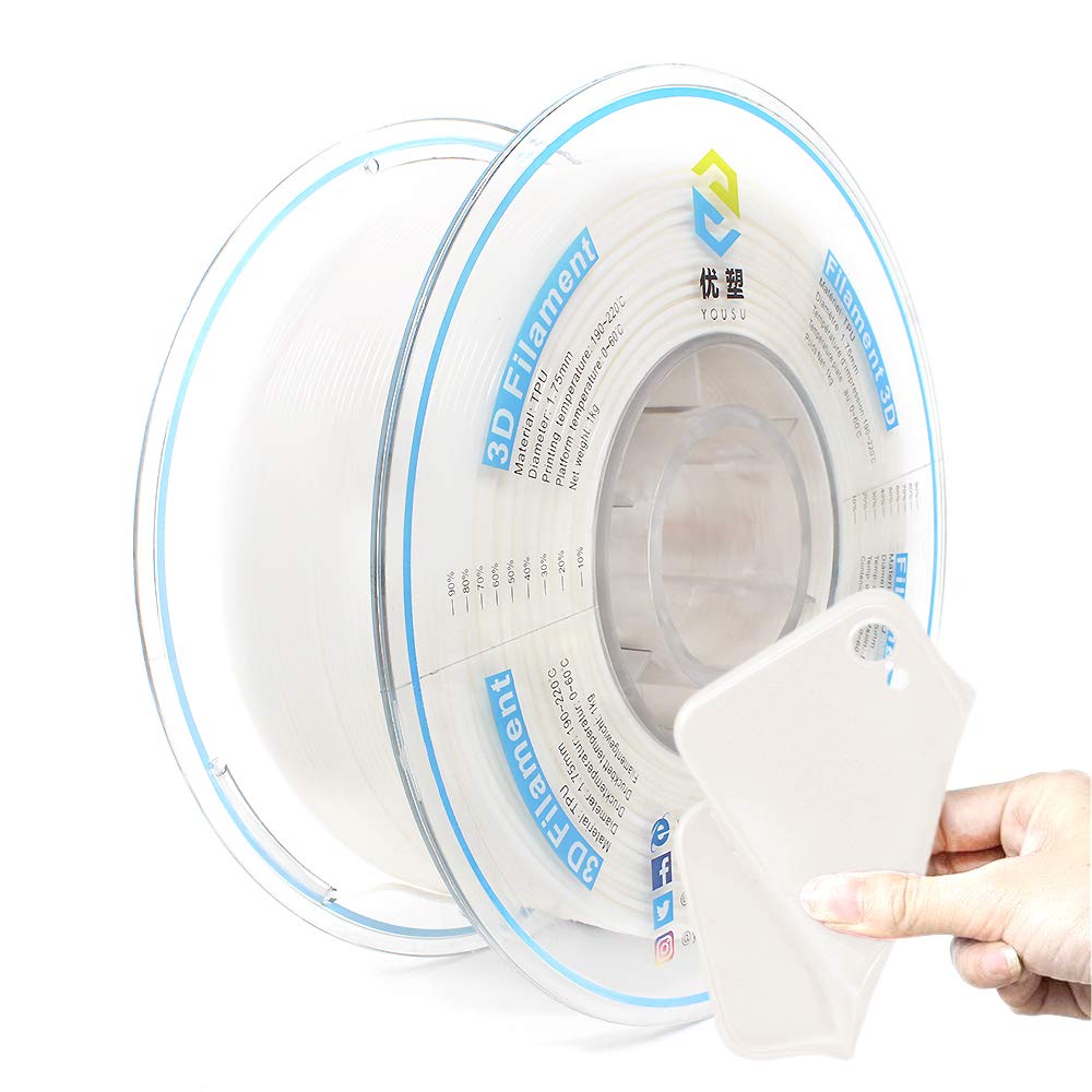 Yousu Flexible Tpu 3D Printer Filament White Tpu Filament 1.75Mm 1Kg, Dimensional Accuracy +/  0.03 Mm, 95A Shore Hardness And G
