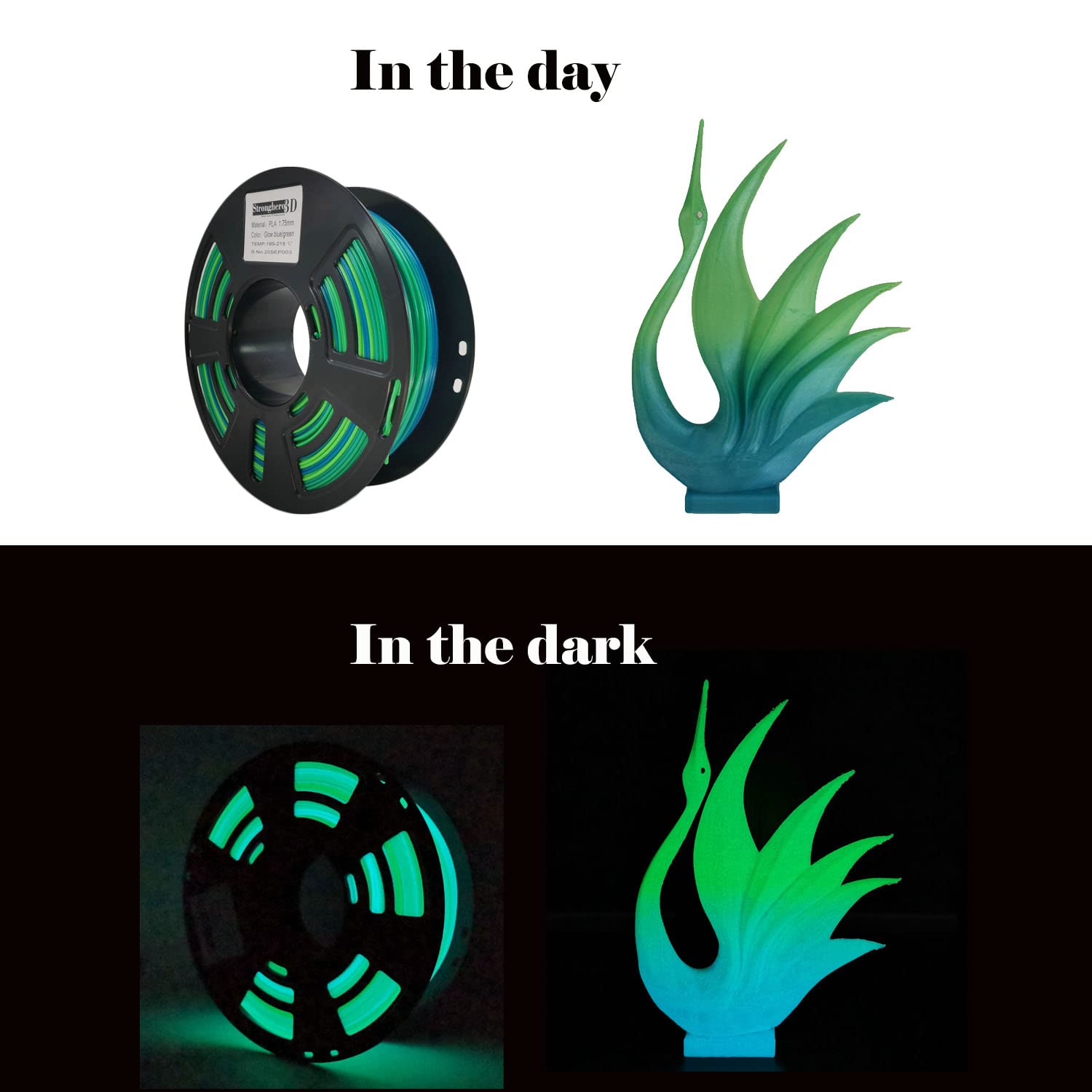 Stronghero3D Pla 3D Printer Filament,Glow In The Dark Filament, Glow Green/Blue 1.75Mm(2.2Lbs) Accuracy +/ 0.05Mm For Ender3 End