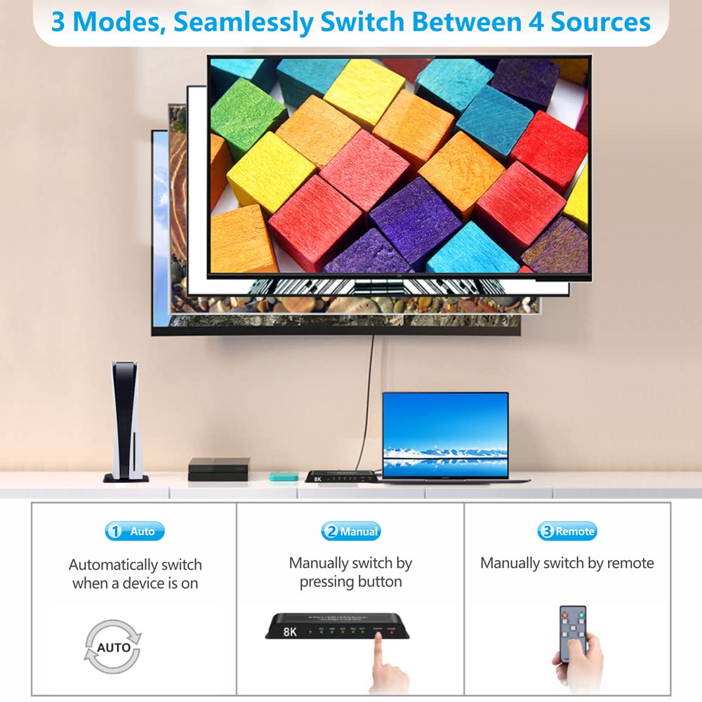 Iarkpower Hdmi 2.1 Switch 4K@120Hz 8K@60Hz Hdmi Switcher 4 In 1 Out Support Ps5, Xbox Series X, Hdr10+, Dolby Vision Dolby Atmos
