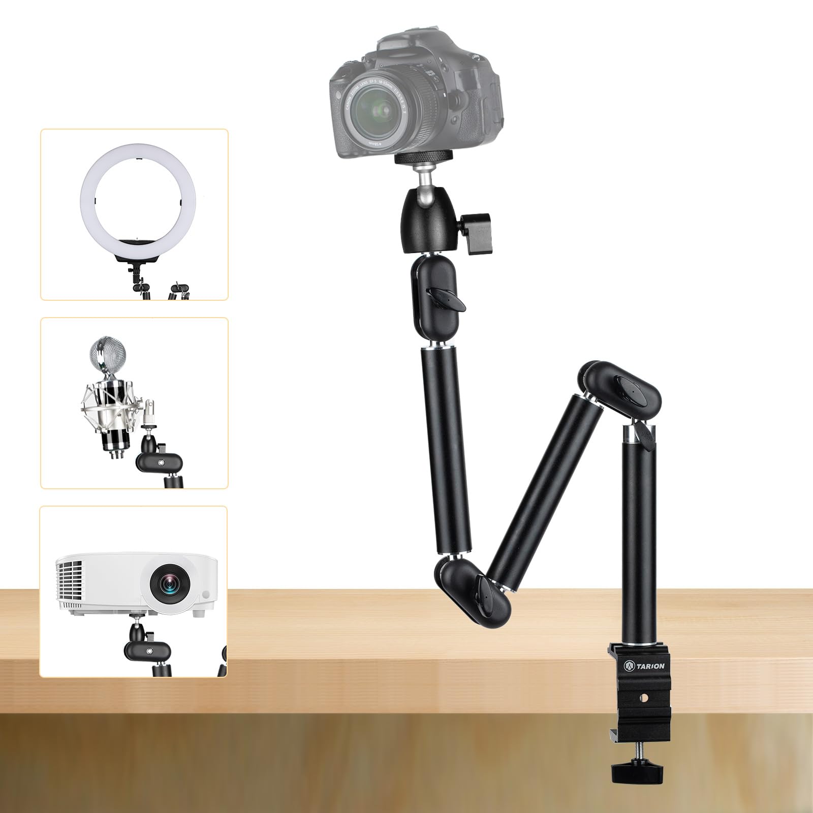 Tarion Top Tripod Camera Desk Mount 360�Flexible Articulating Arm With 3/8'' Screw And 3/8'' To 1/4'' Screw For Dslr Cameras Projector Light Ring (M)